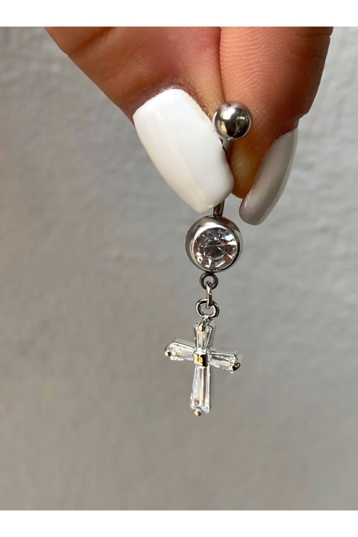 TAKIKRALI Haç Model Baget Taşlı Silver Göbek Piercing