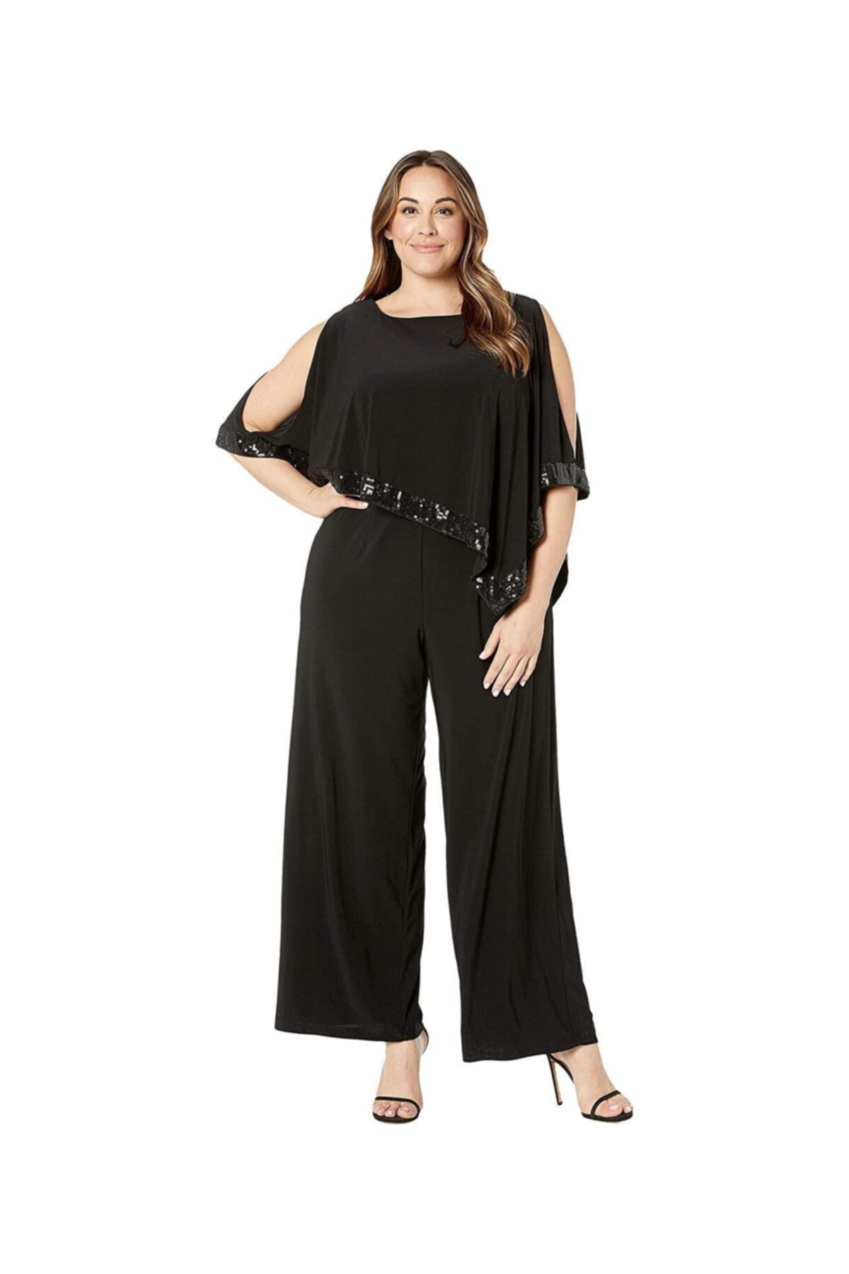 Adrianna Papell Kadın Siyah Mat Jersey Capelet Rahat Kesim Tulum