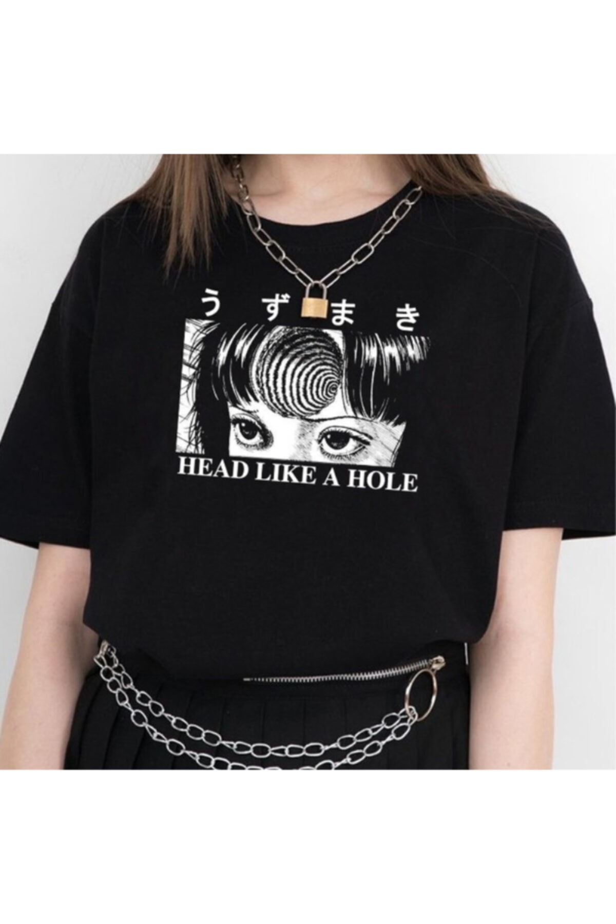 Köstebek Kadın Siyah Head Like A Hole Anime T-shirt