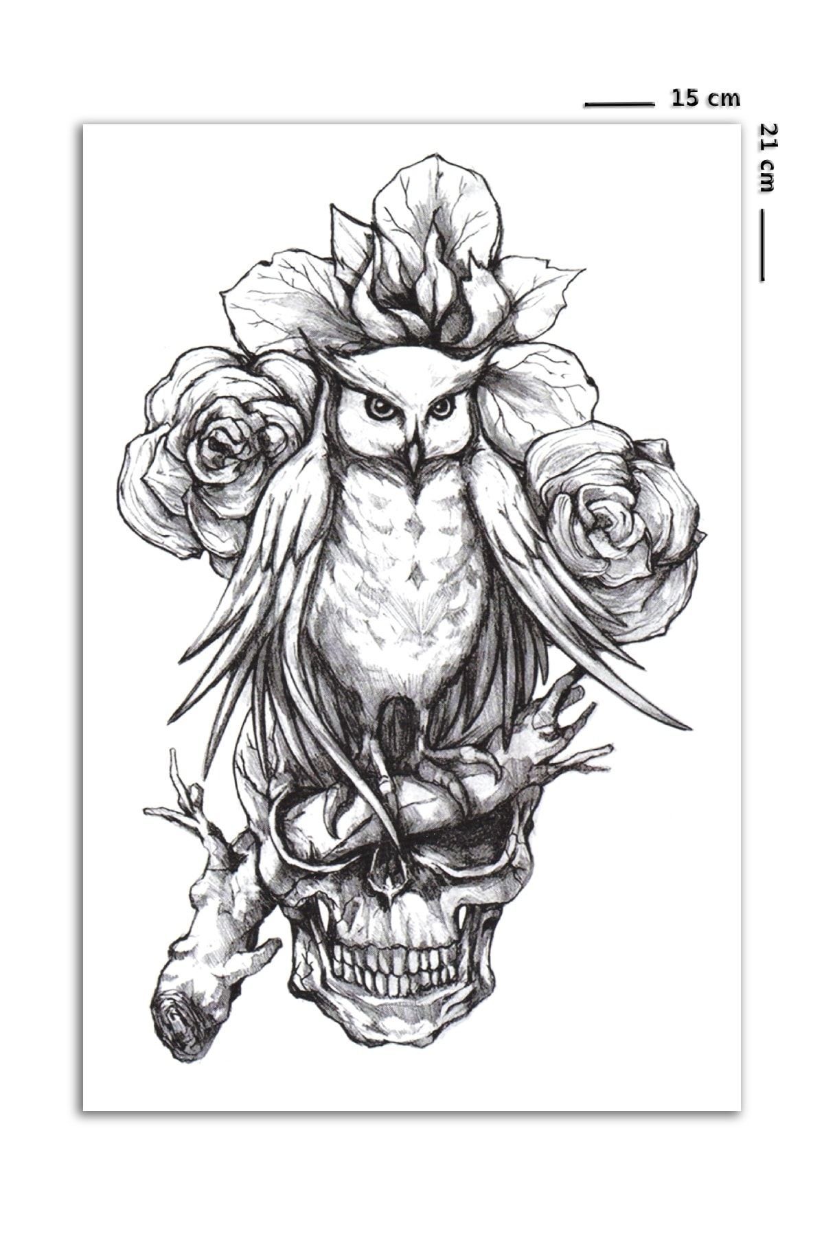 BP Tattoo Büyük Boy Kurukafa Ve Baykuş Dövmesi Unisex Tattoo