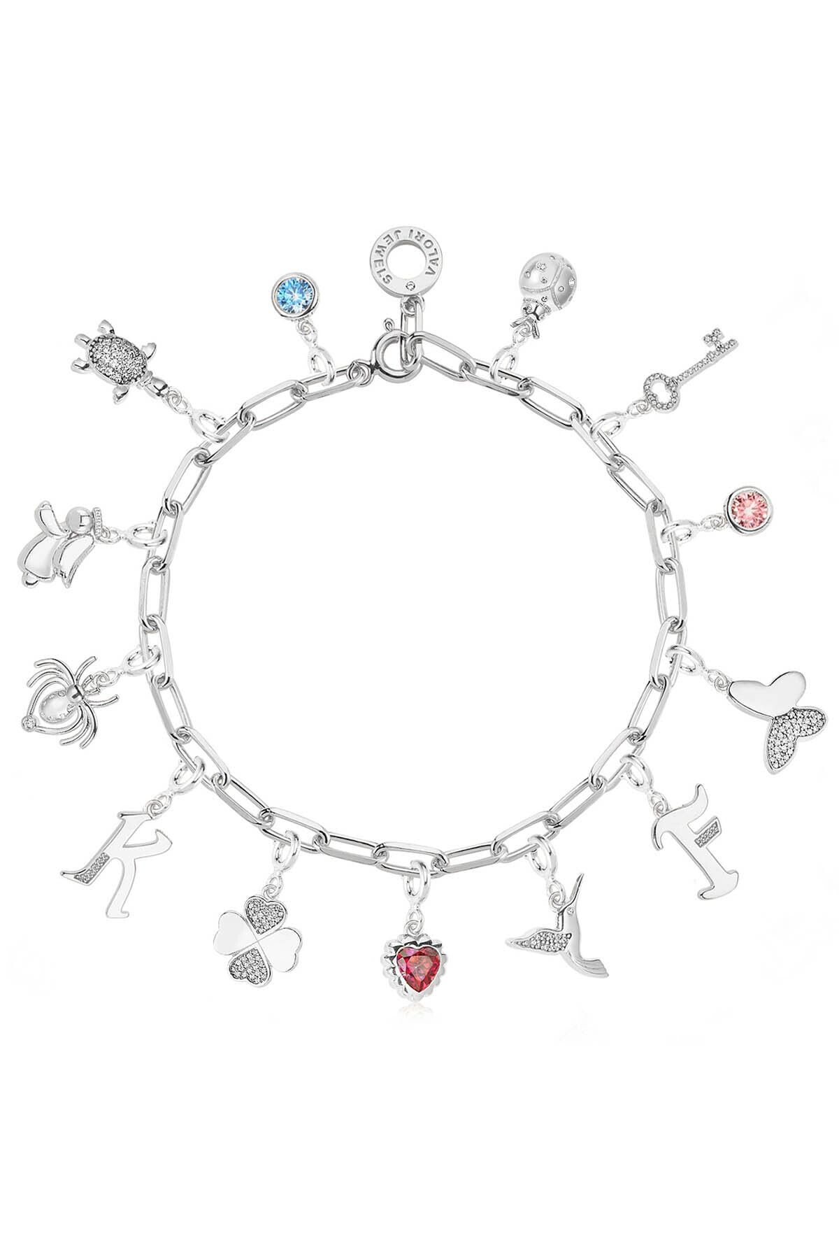 Valori Jewels Karışık Semboller, Zirkon Taşlı, Gümüş Charm Bileklik Kombini