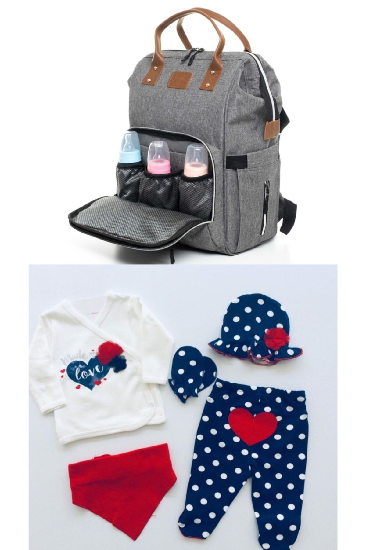 Sahra Luxus Baby Bag Anne Bebek Bakım Sırt Çantası Ve %100 Pamuk 5'li Hastane Çıkış Seti