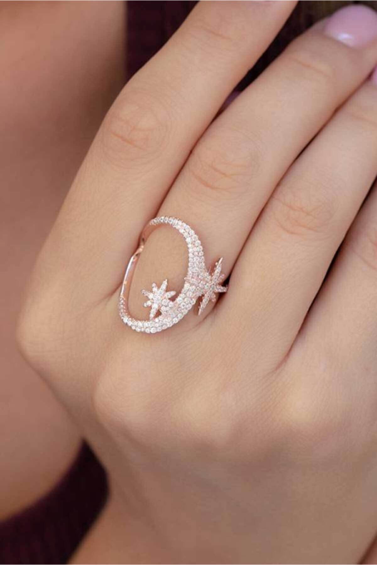 So CHIC... Geometrik Figürlü Zirkon Taşlı 18 Ayar Rose Altın Kaplama Gümüş Yüzük