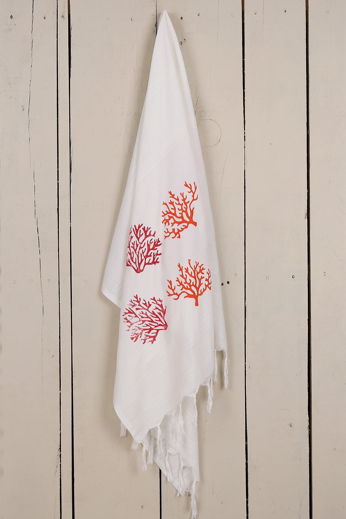 Bej Home Kırmızı Mercan Desenli Peştemal 100*180