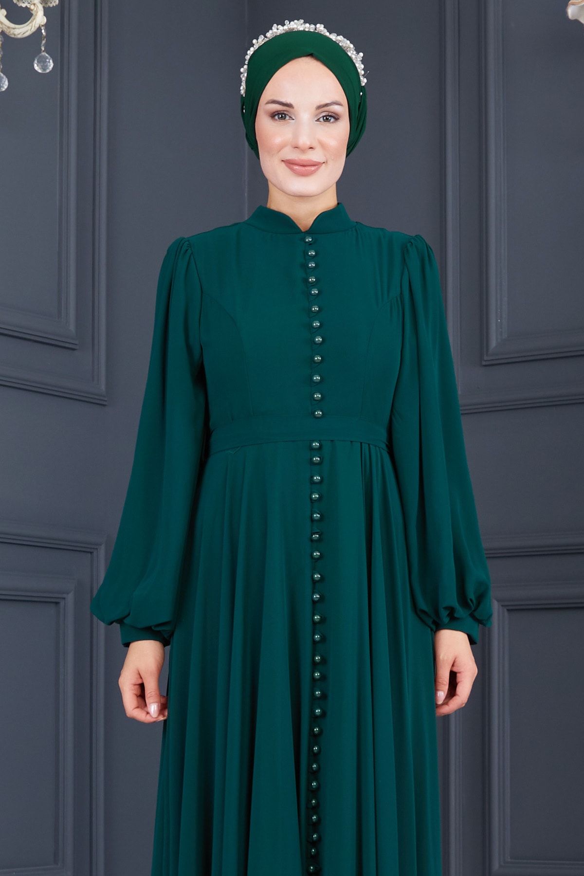 Moda Echer Tesettür Abiye Şifon Düğmeli Detaylı 7577 34 Beden