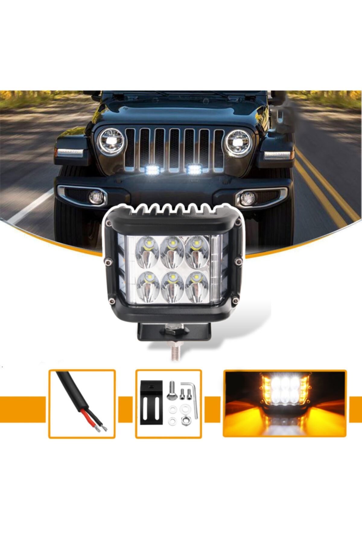 C9 Off Road 45w 12 Led 10cm Beyaz Turuncu Çakarlı Kare Sis Farı Çalışma Lambası