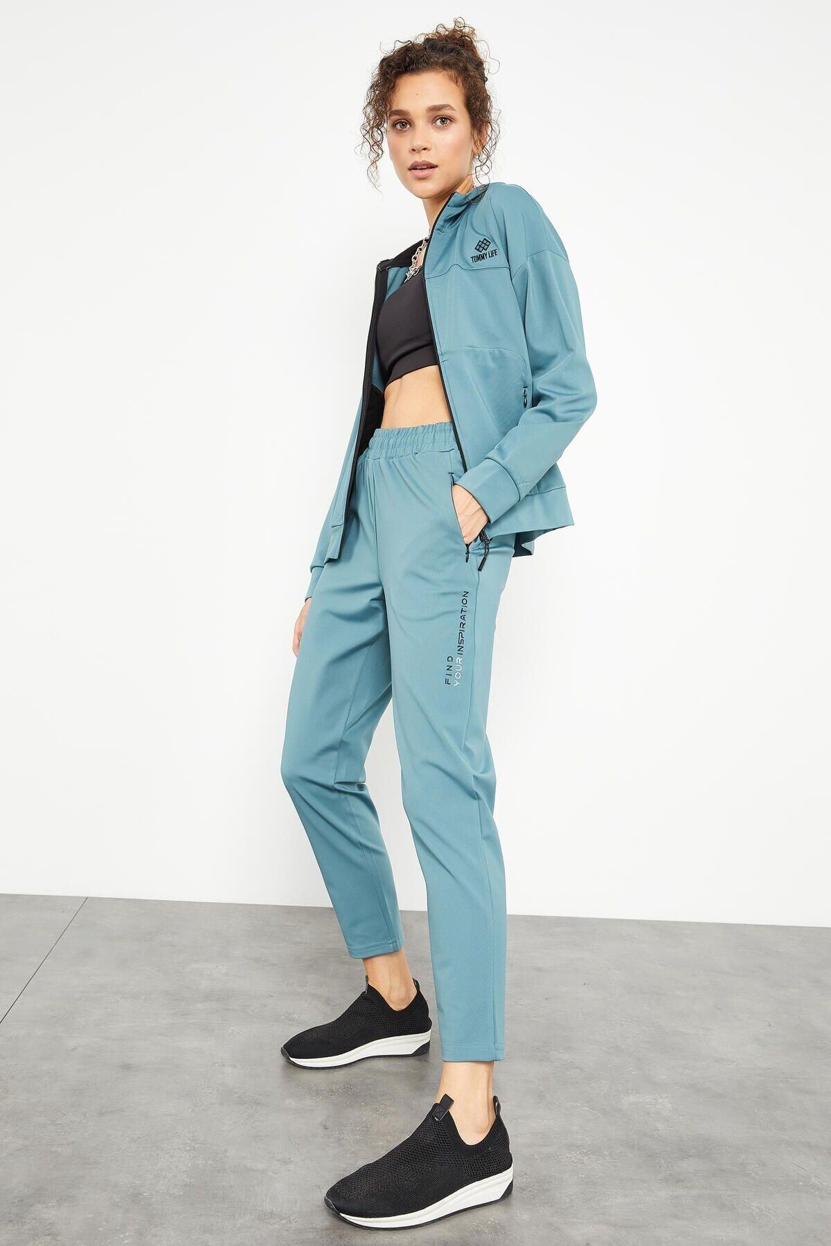 Tommy Life Mint Yeşil Kadın Kapüşonlu Gizli Cep Detaylı Standart Kalıp Eşofman Takımı - 95306