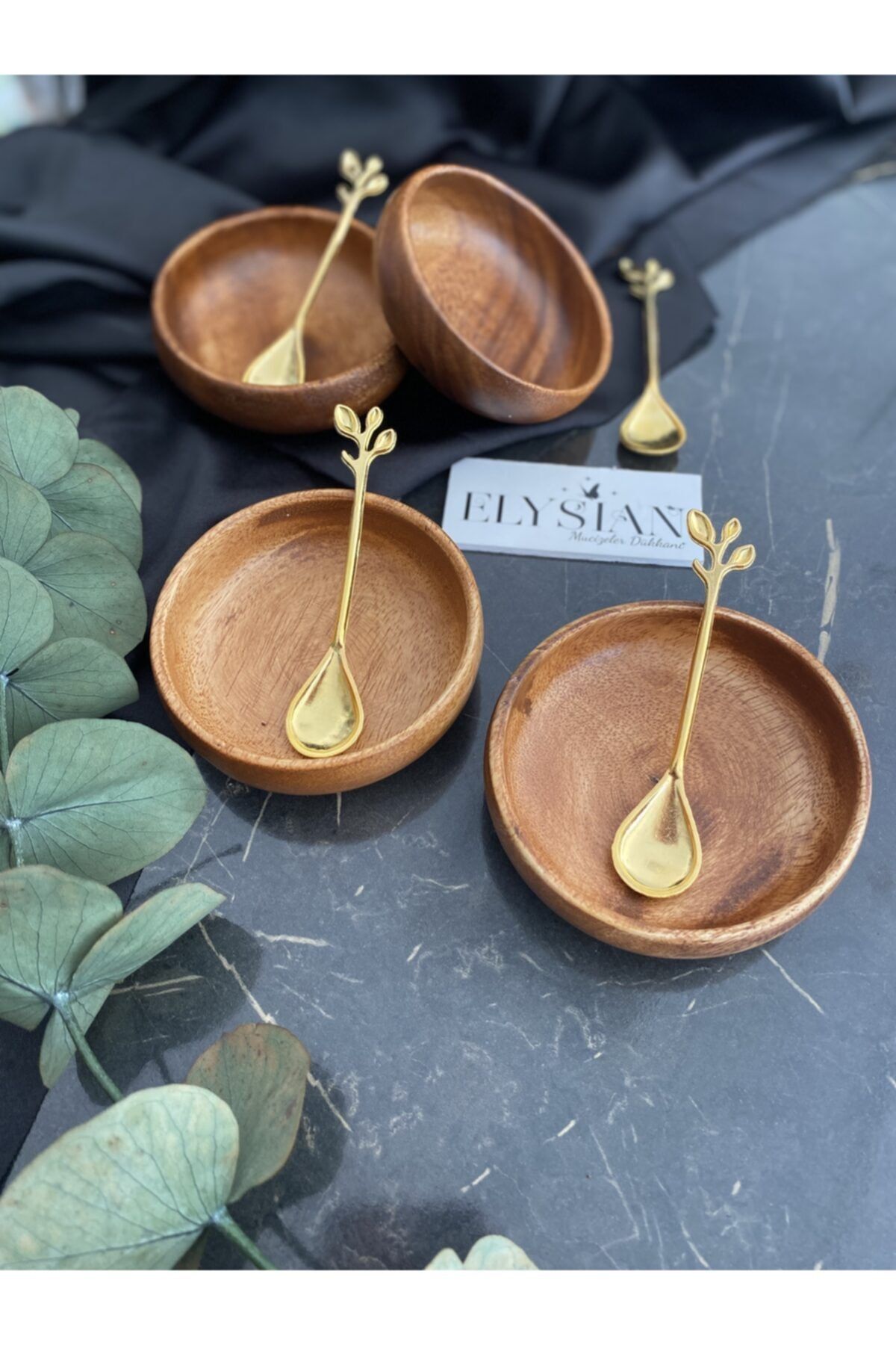 Elysian Ahşap Akasya Çerezlik 4 Adet Set Reçellik Çerez Tabağı Dekoratif Küçük Tabak Gold Kaşıklı Sos Tabağı