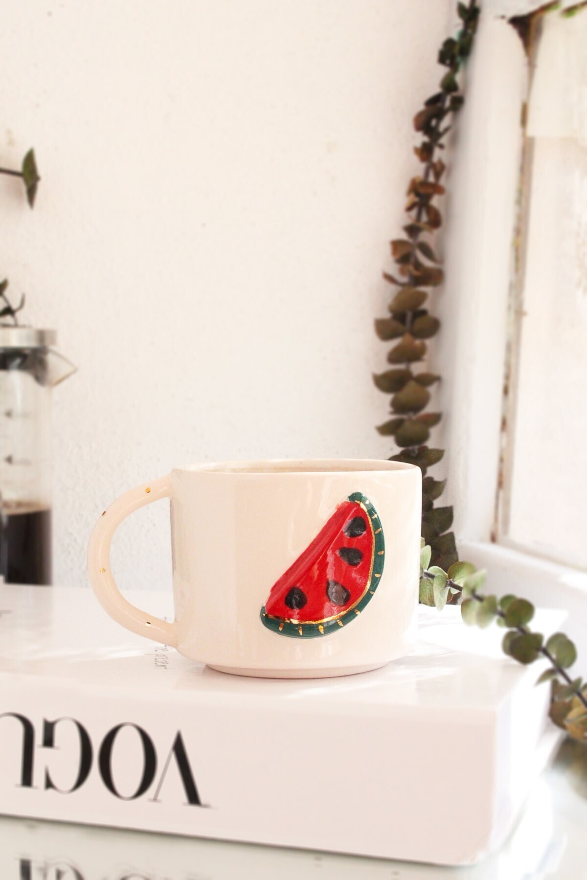 ADAMODART Karpuz Figürlü El Yapımı El Boyaması 24k Altın Dekorlu Seramik Mug
