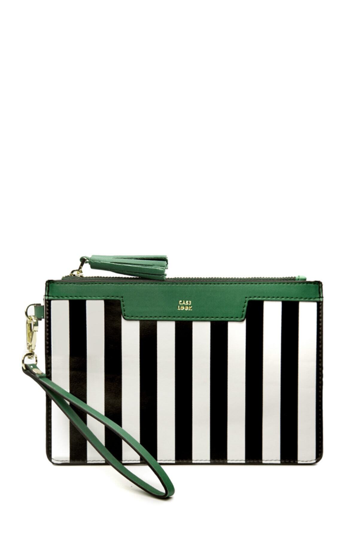 Case Look Siyah Beyaz Şeritli Fermuarlı Slim Clutch Marie