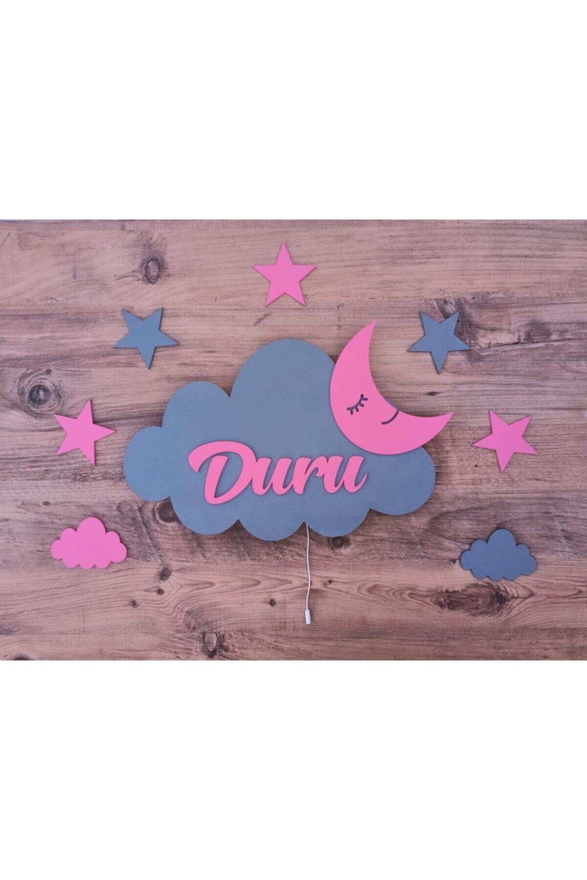 Babystasarım Ahşap Işıklı Açık Gri & Pembe Aydede Bulut Set Çocuk Odası Gece Lambası Aydınlatma