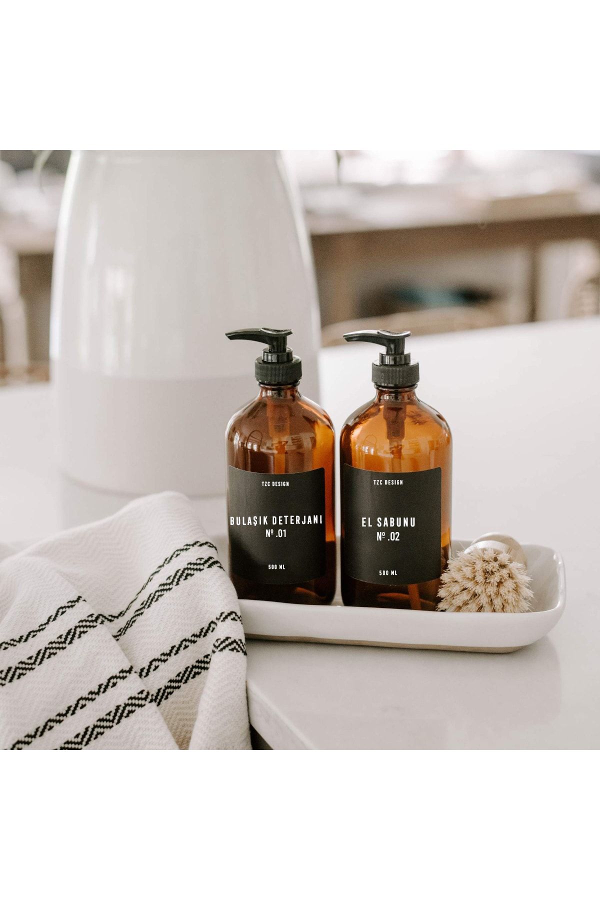 Tzc Desing 500 Ml Amber Cam Şişe Mutfak Seti El Sabunu Bulaşık Deterjanı 2li