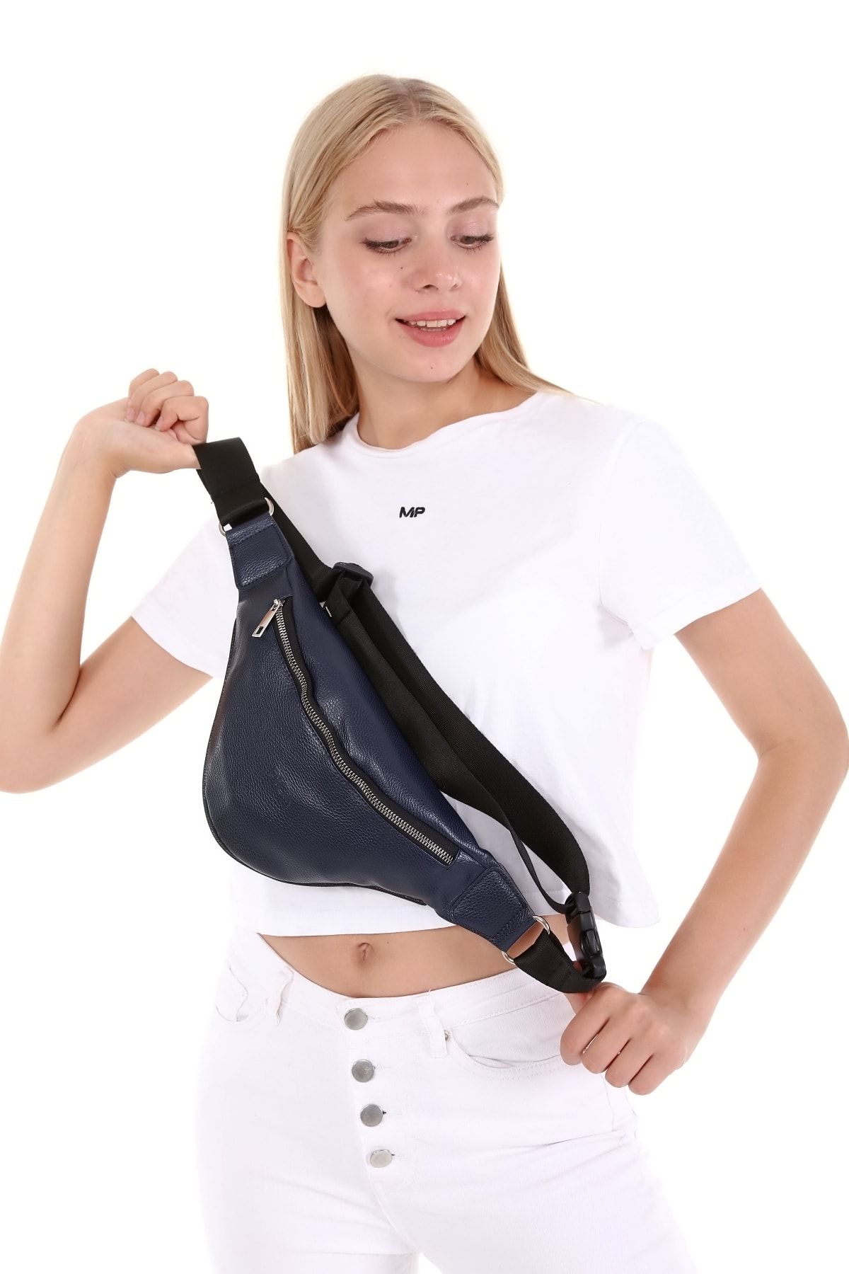 DİGA Unisex Suni Deri Lacivert Omuz Ve Bel Çantası Bellik