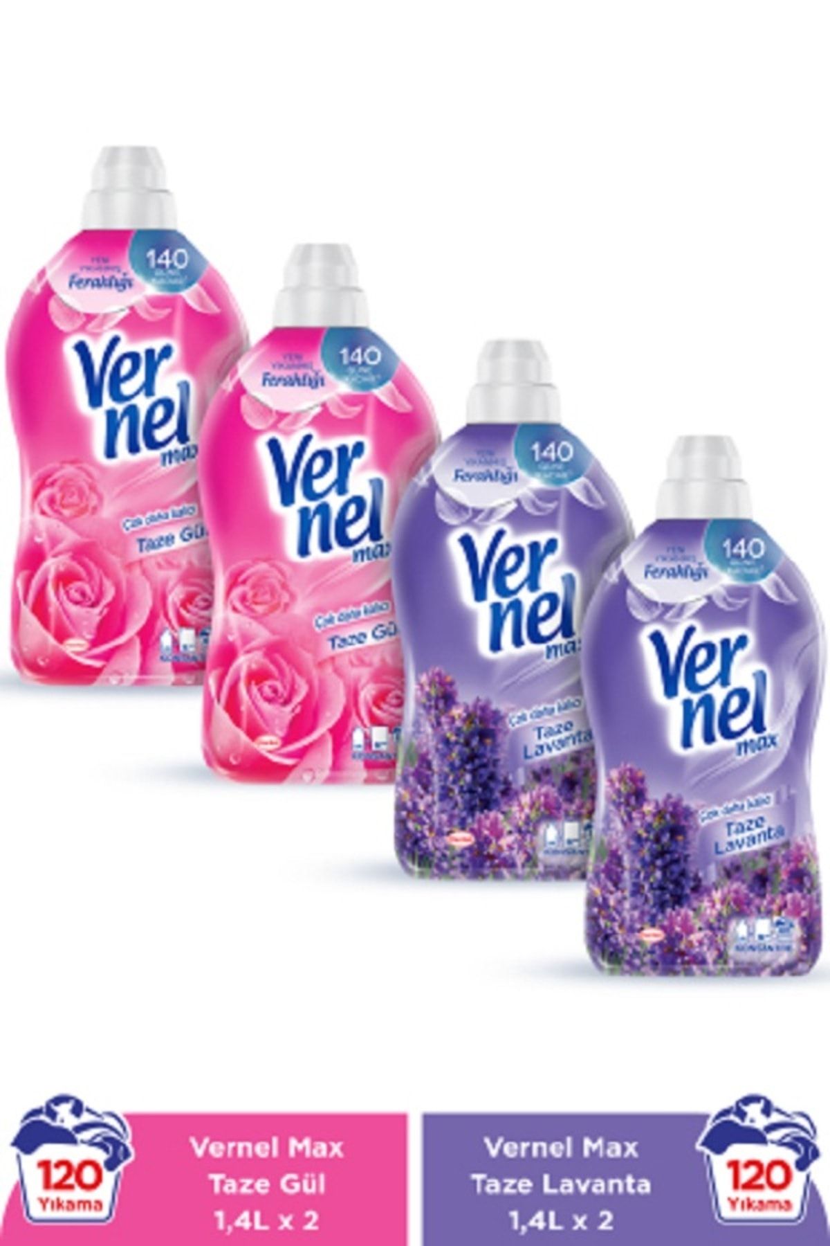 Vernel Max Konsantre Çamaşır Yumuşatıcısı 4 x 1440ml (240 Yıkama) 2 Taze Gül + 2 Taze Lavanta