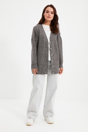 Antrasit Düğmeli V Yaka Yumuşak Triko Hırka TCTAW22HI0397 Image 1