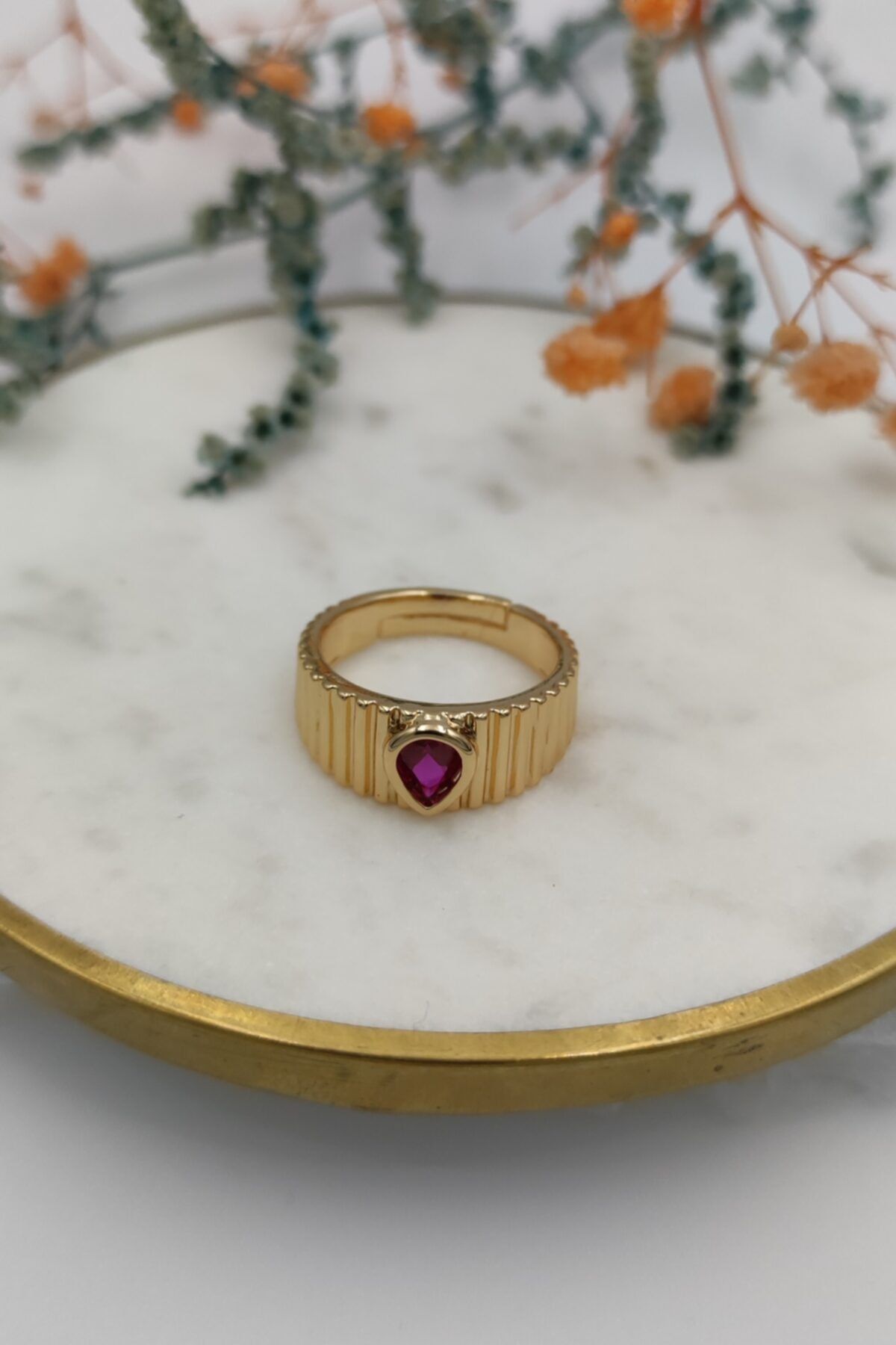 fuya design Fuşya Damla Taşlı Tırtıklı Yüzük