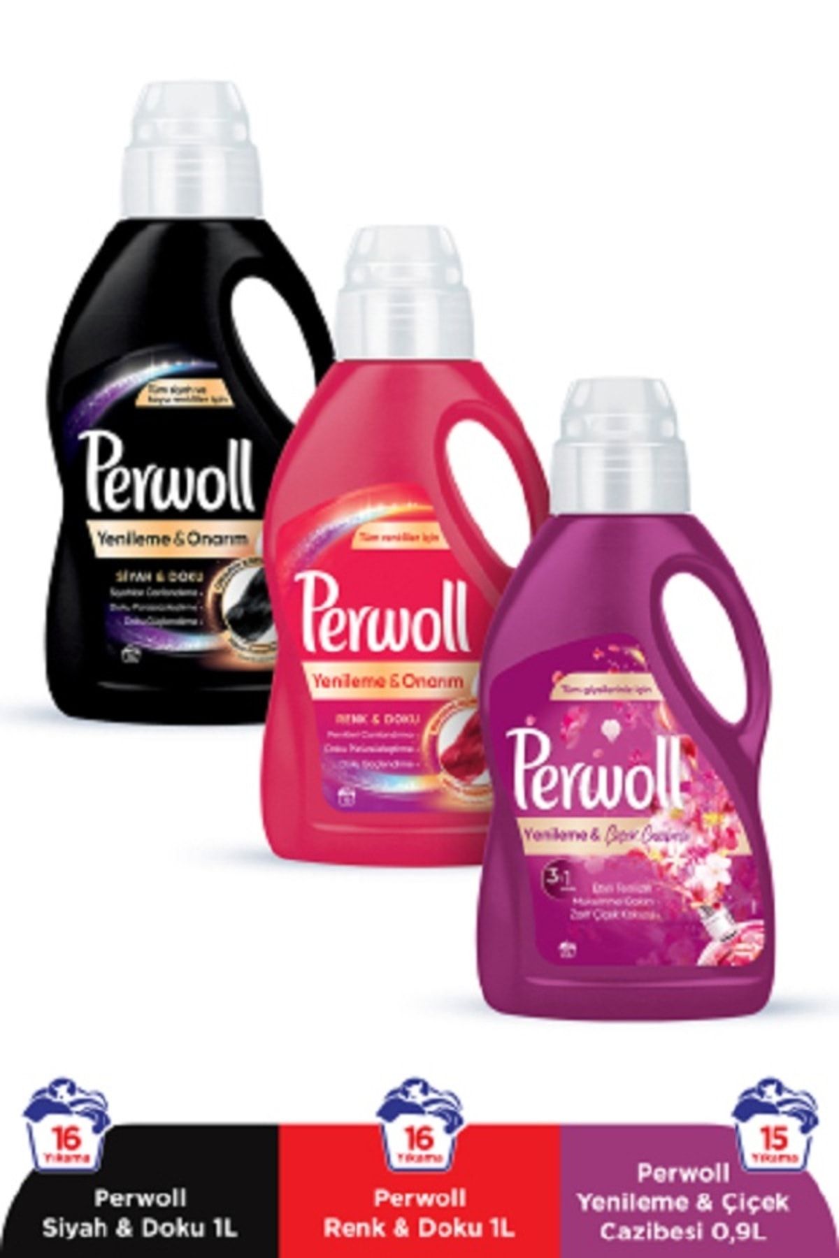 Perwoll Hassas Bakım Sıvı Çamaşır Deterjanı 3x1L (47 Yıkama) Renkli + Siyah + Çiçek Cazibesi Yenileme&Onarım