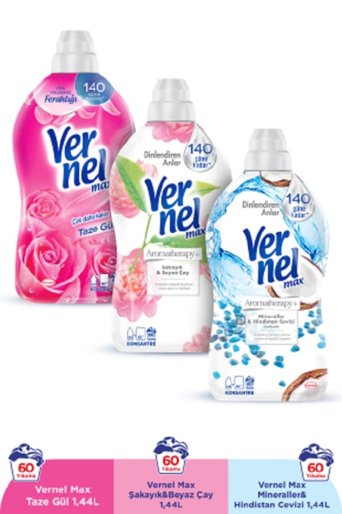 Vernel Max Konsantre Çamaşır Yumuşatıcısı 3 x 1440ml (180 Yıkama) Taze Gül + Şakayık + Hindistan Cevizi