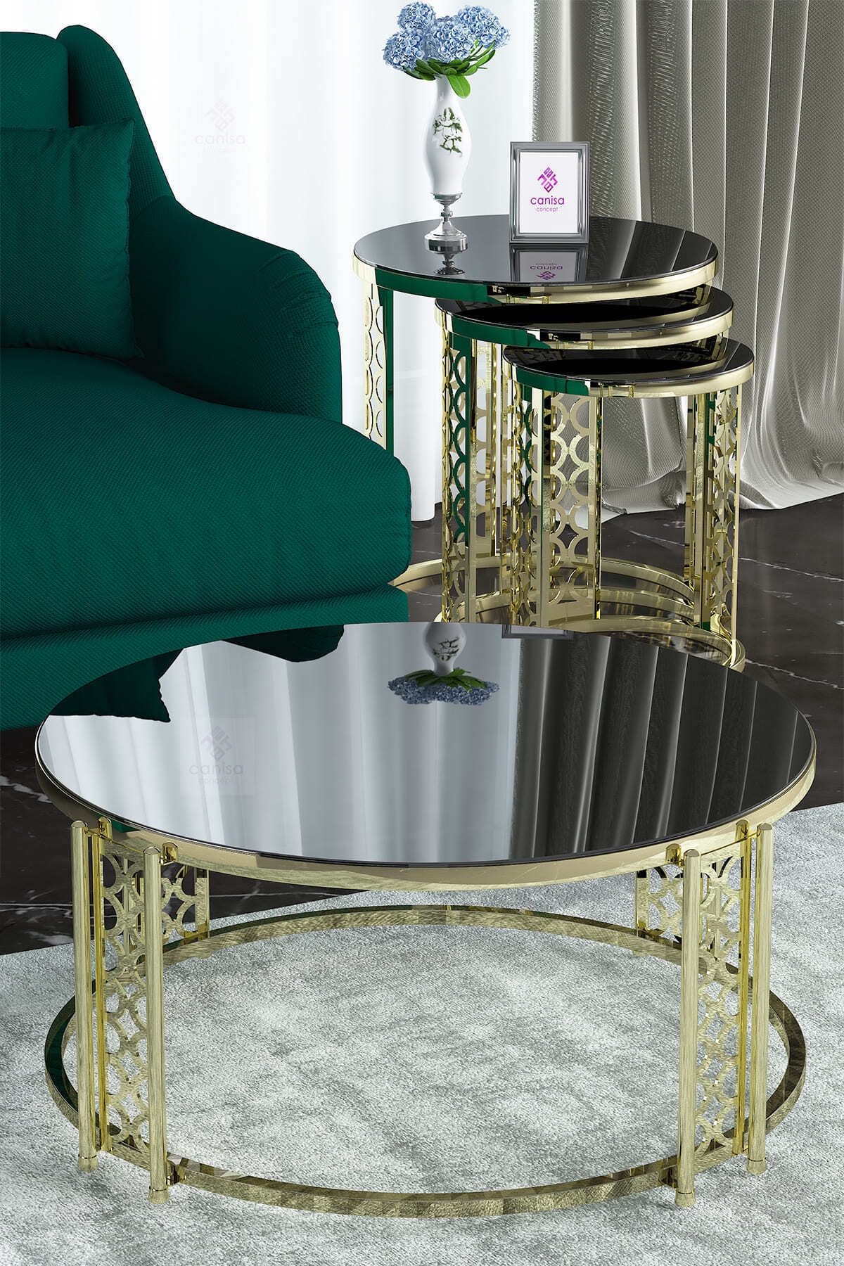 Canisa Concept Canisa Barlas Serisi Cam 3'lü Zigon Sehpa Takımı Ve Orta Sehpa / Siyah-gold