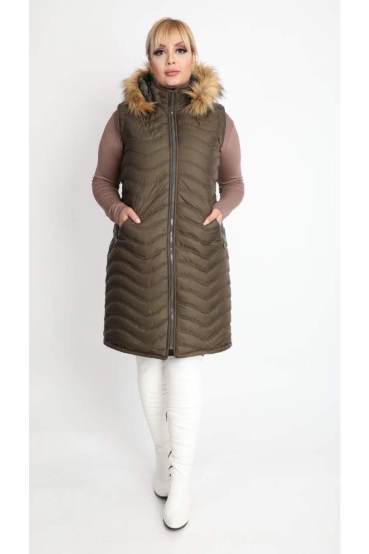 By Alba Collection Kadın Uzun Kapüşonlu Büyük Beden Şişme Yelek Haki