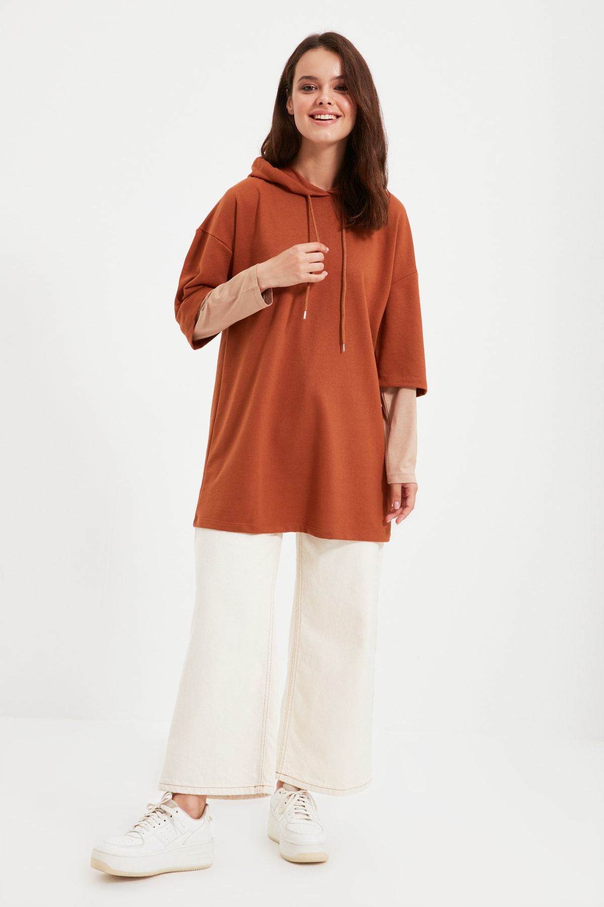 Trendyol Modest Kiremit İçten T-shirt Çıkma Detaylı Örme Sweatshirt TCTAW22TW0051