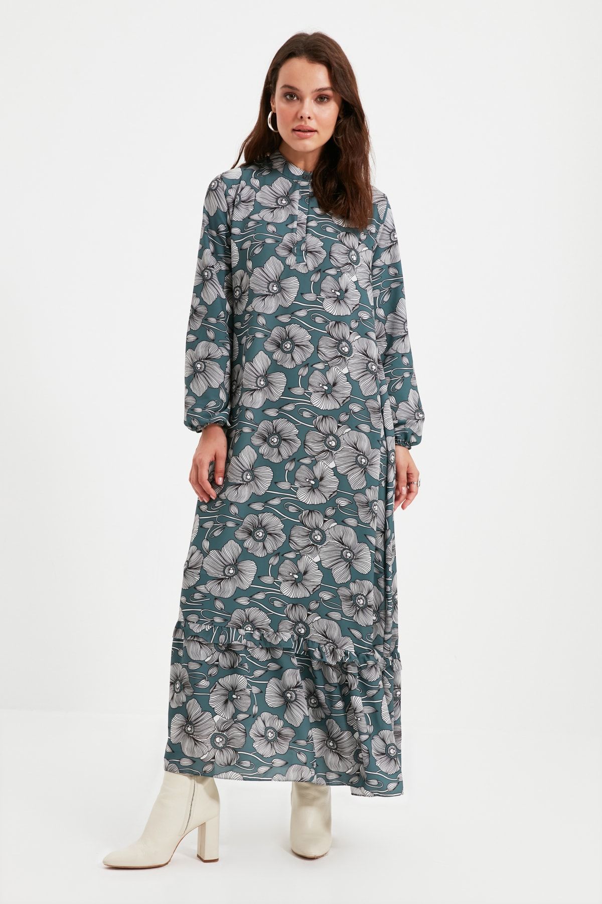 Trendyol Modest Mavi Fırfırlı Elbise TCTSS21EL3353
