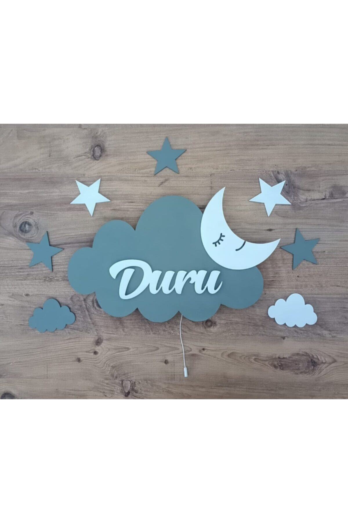 Babystasarım Ahşap Işıklı Açık Gri & Beyaz Bulut Set Çocuk Odası Gece Lambası Aydınlatma