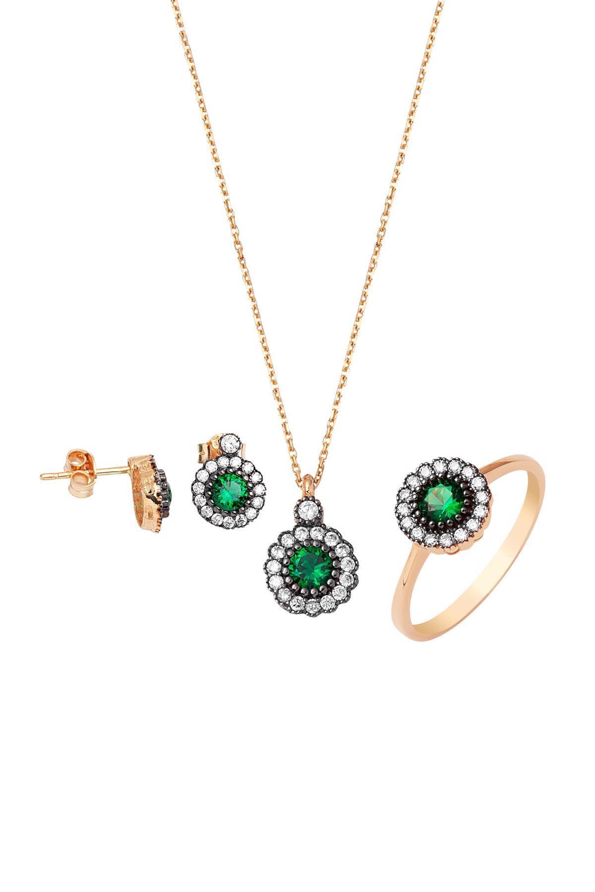 Bilezikci Yeşil Taşlı 14 Ayar Üçlü Rose Altın Set
