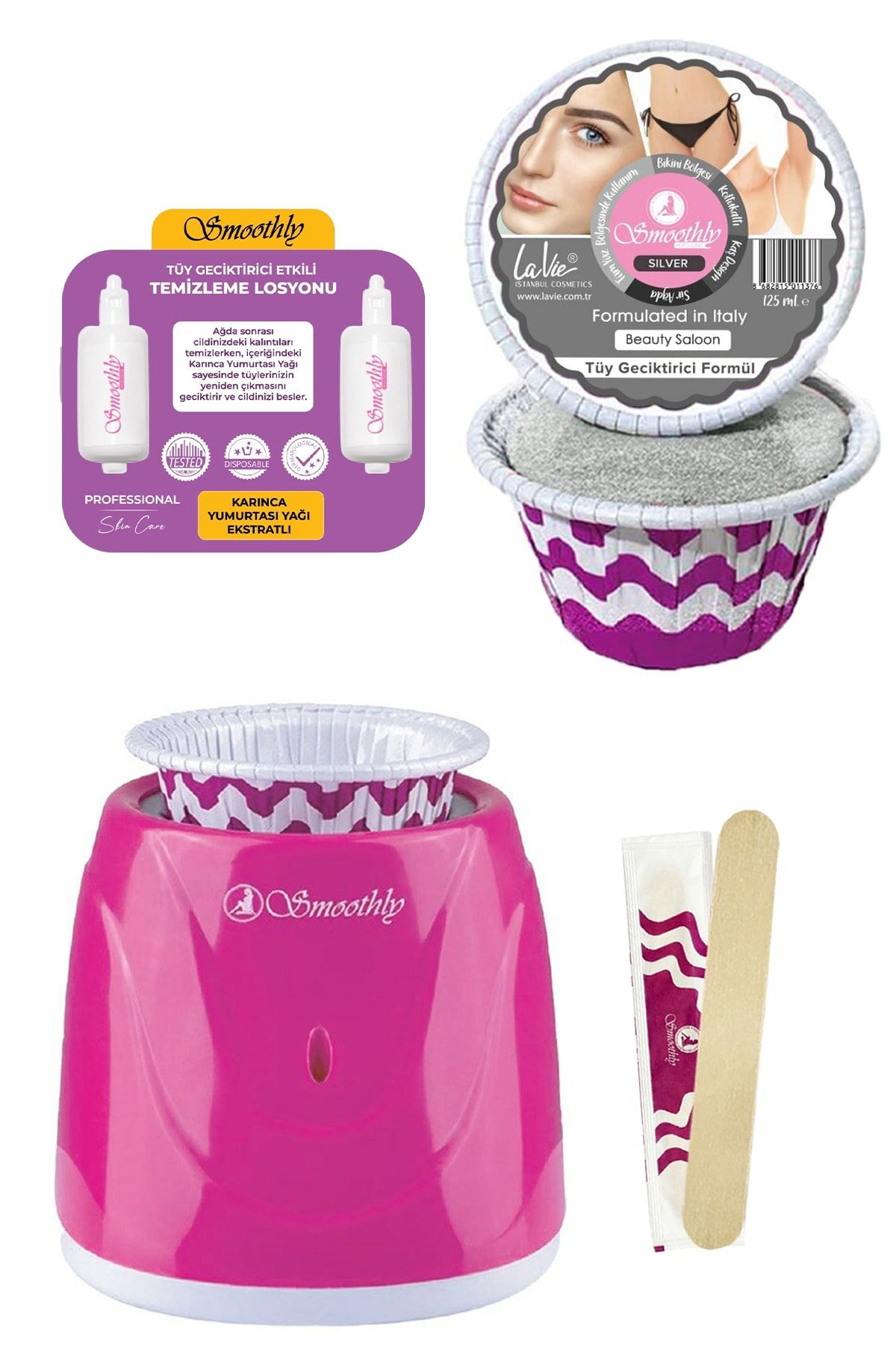 Smoothly 2 Adet Silver Soyulabilir Özel Bölge Ağdası + Ağda Makinesi + Tüy Geciktirici Losyon + Spatula Seti