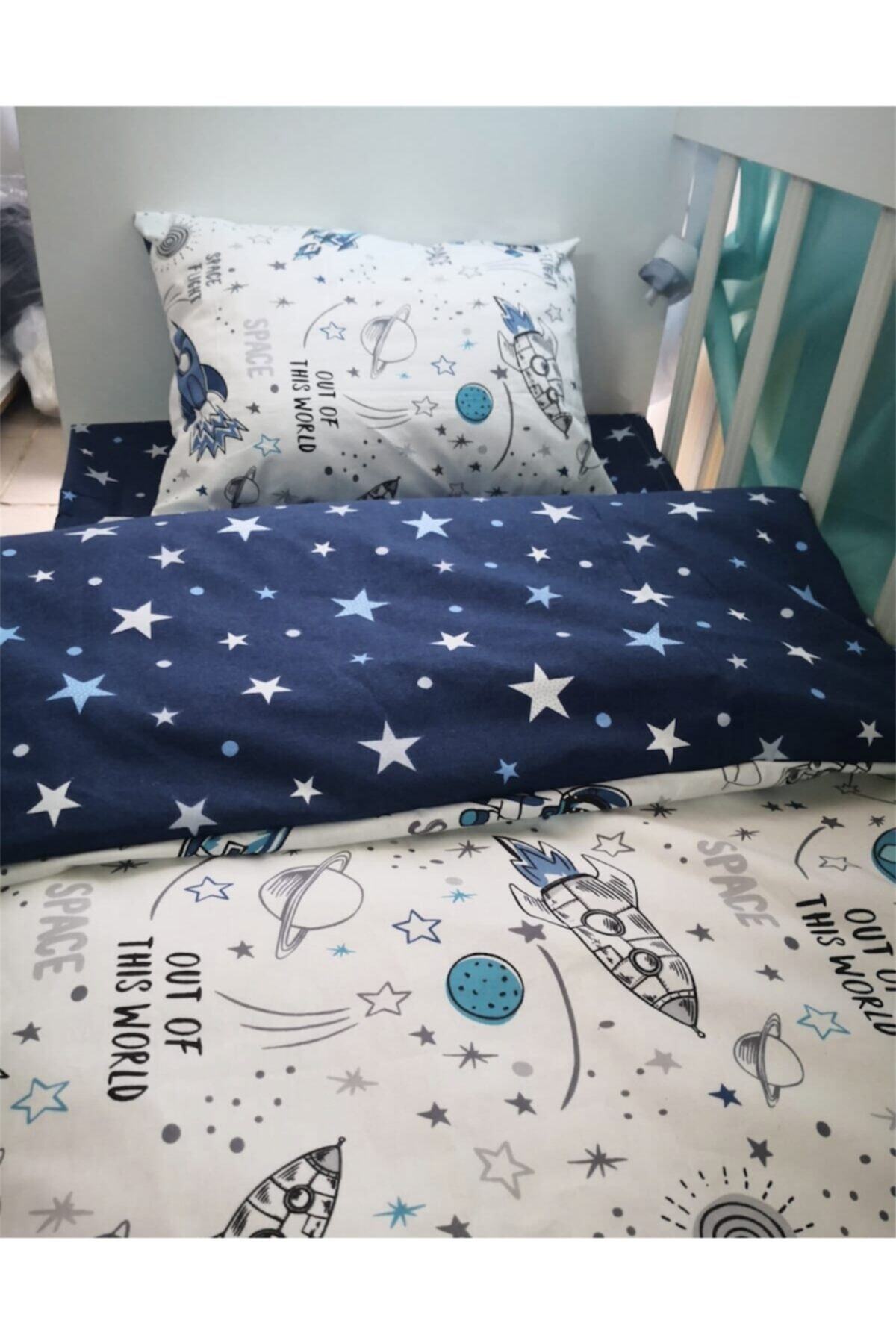 Bebek Özel %100 Pamuk Çocuk Montessori Yastık Çarşaf Yorgan Seti Uzay Astronot 90x190