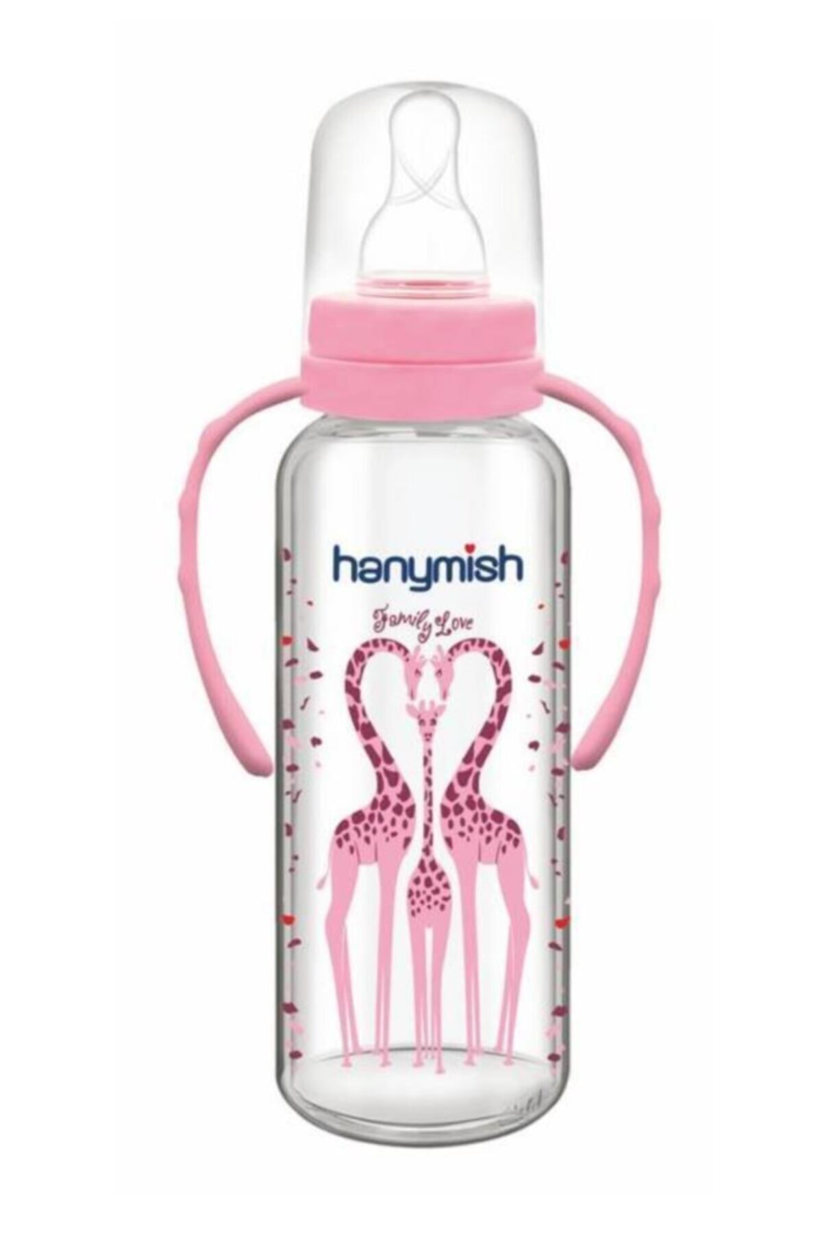 Hanymish Cam Biberon Kulplu 240ml Zürafa Pembe