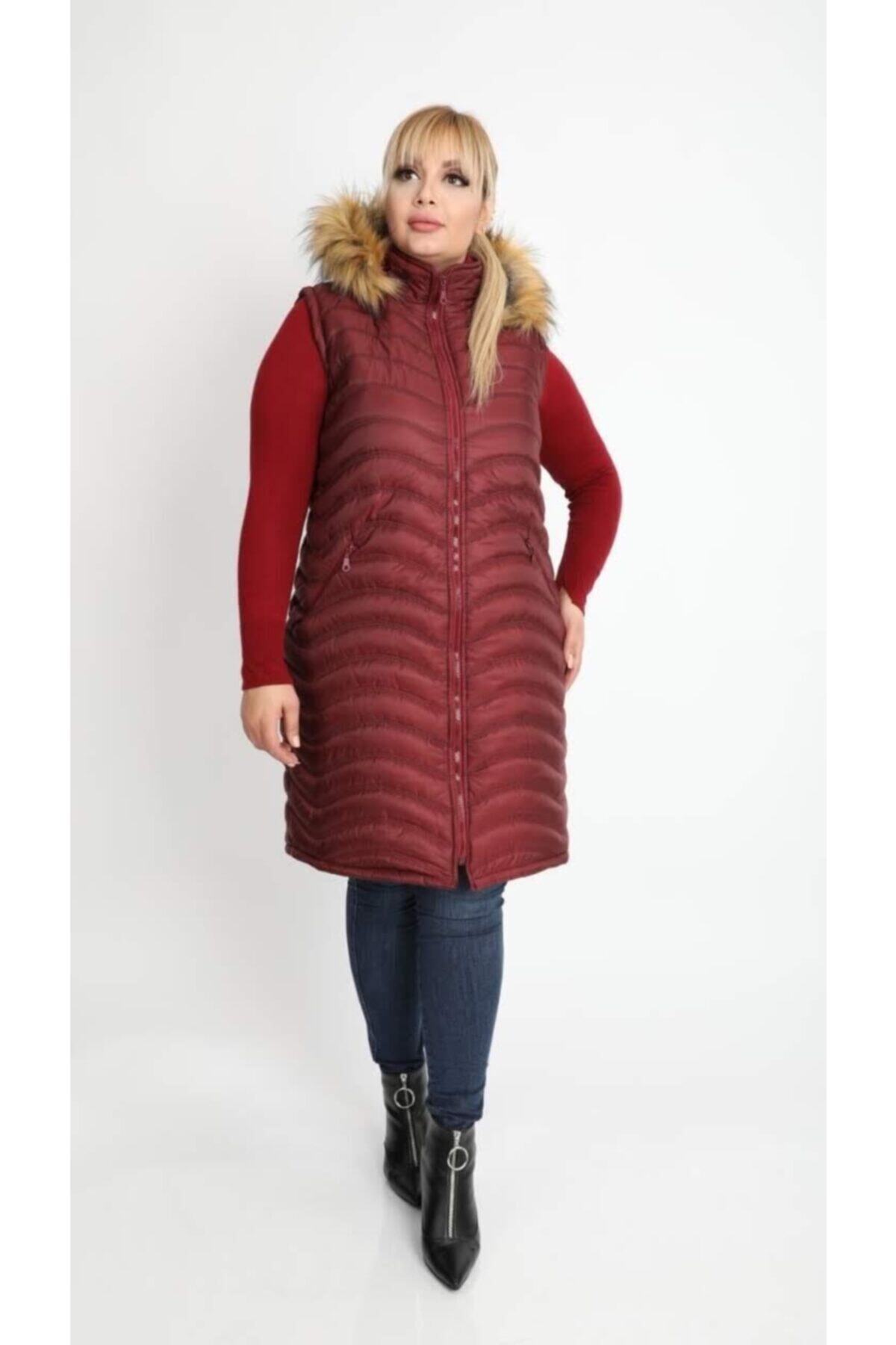 By Alba Collection Kadın Uzun Kapüşonlu Büyük Beden Şişme Yelek Bordo