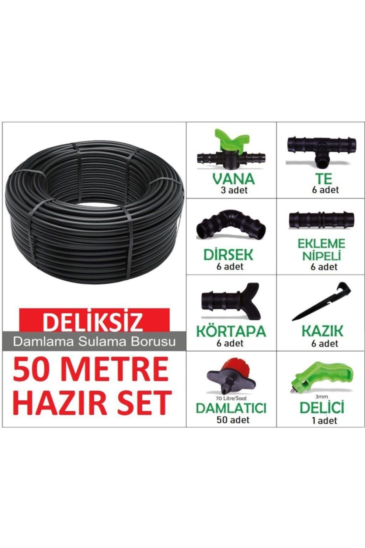 Edoplast Deliksiz Düz 50 Metre Damla Sulama Sistemi Ve Ek Parçaları Damlama Borusu Hortumu Bahçe Ağaç Seti