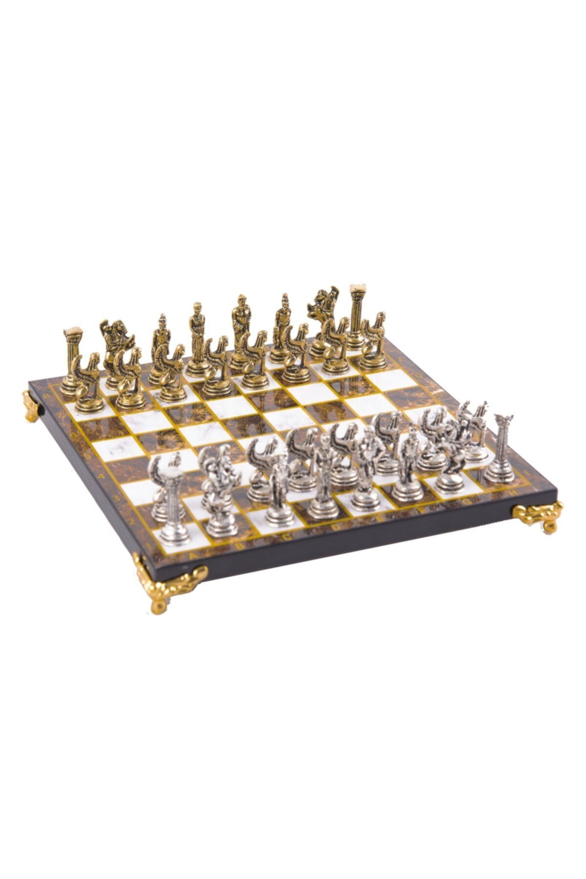 elife shop Lüks Metal Döküm Satranç Takımı Pegasus Atları & Özel Ayaklı Kehribar Mermer Desenli Tahta