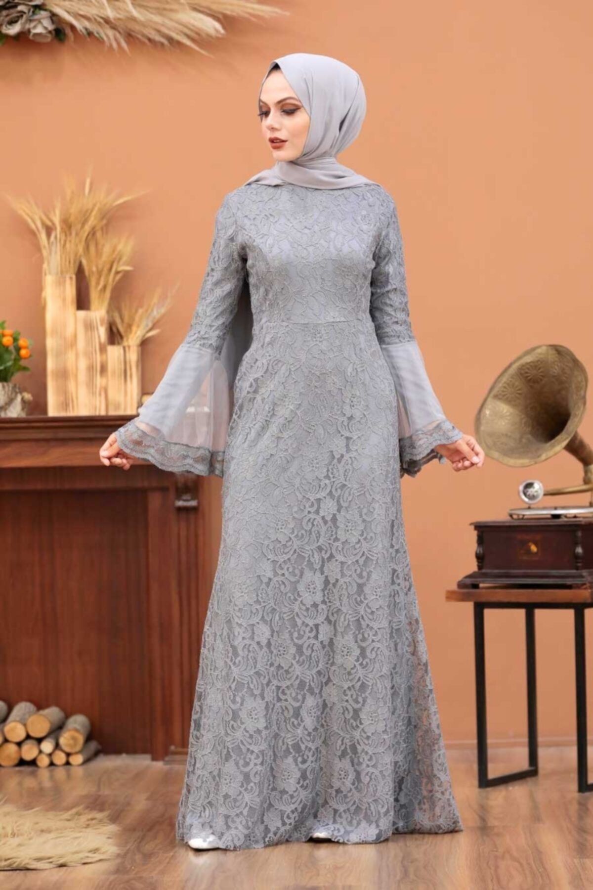 Neva Style Tesettür Abiye Elbise - Dantelli Gri Tesettür Abiye Elbise 2567gr