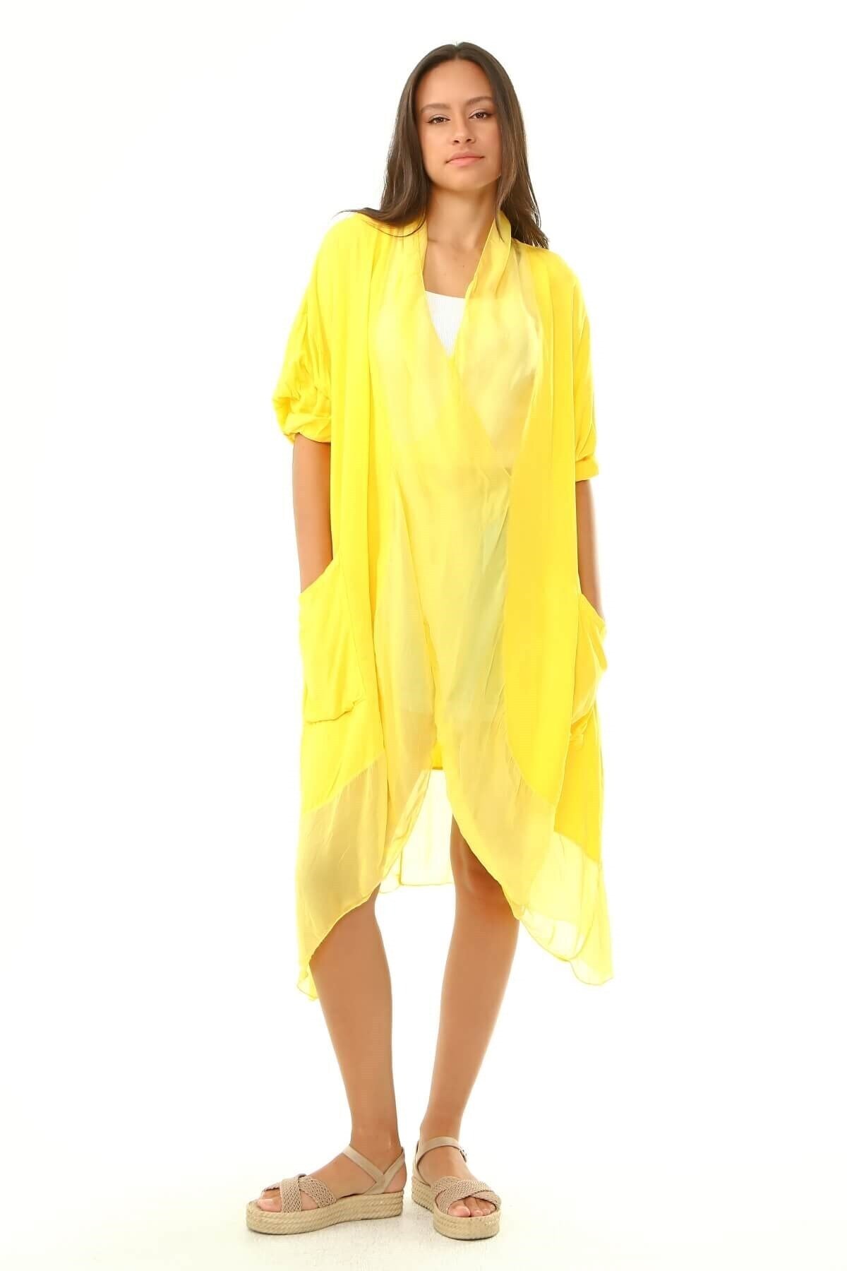 Luisido Kadın Sarı Italyan Ipek Tüllü Oversize Sonsuzluk Kaftan
