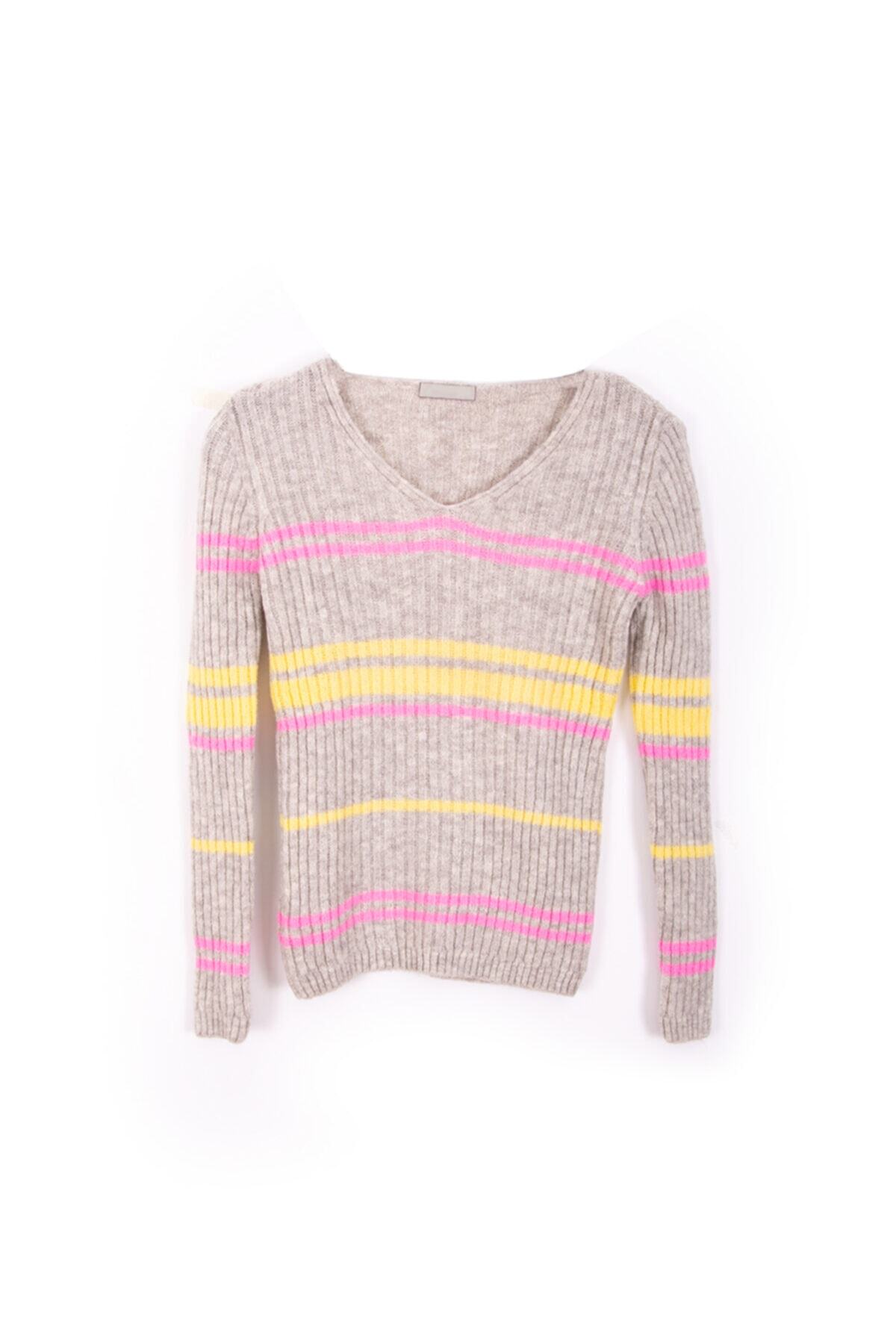 Jupyter Butik Kadın Toprak Bej Rengi Sarı Çizgi Desenli Yünlü Kazak Sweater