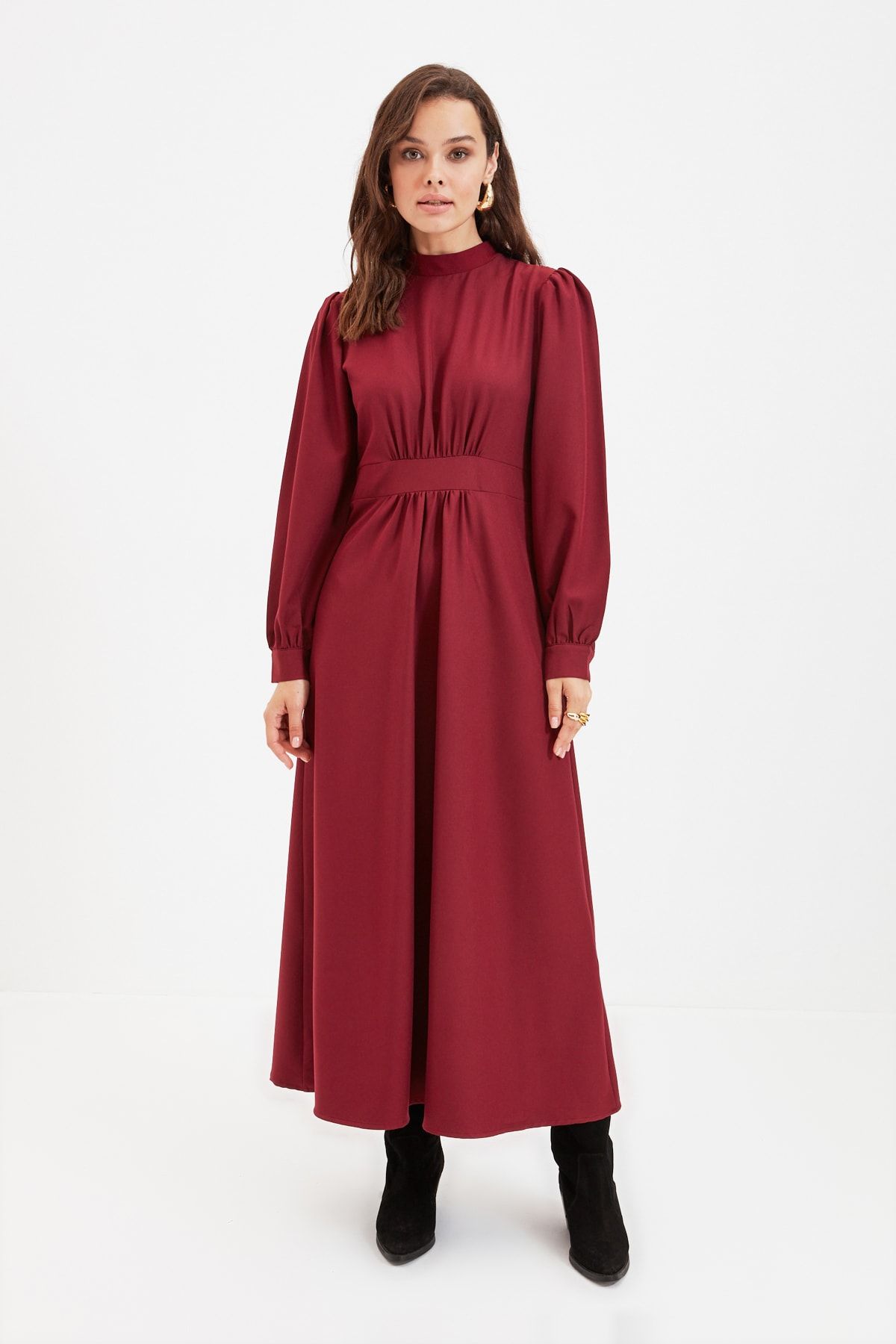 Trendyol Modest Bordo Bel Büzgülü ve Omuz Detaylı Elbise TCTAW22EB0060
