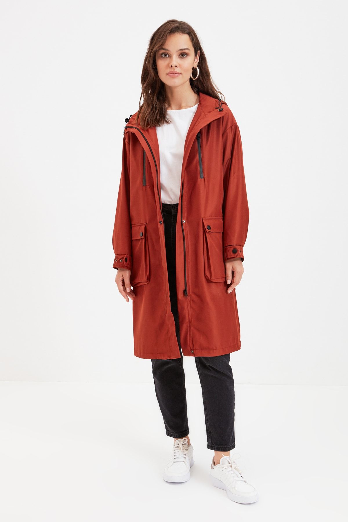 Trendyol Modest Kiremit Kapüşonlü Oversize Uzun Parka TCTAW22KB0186