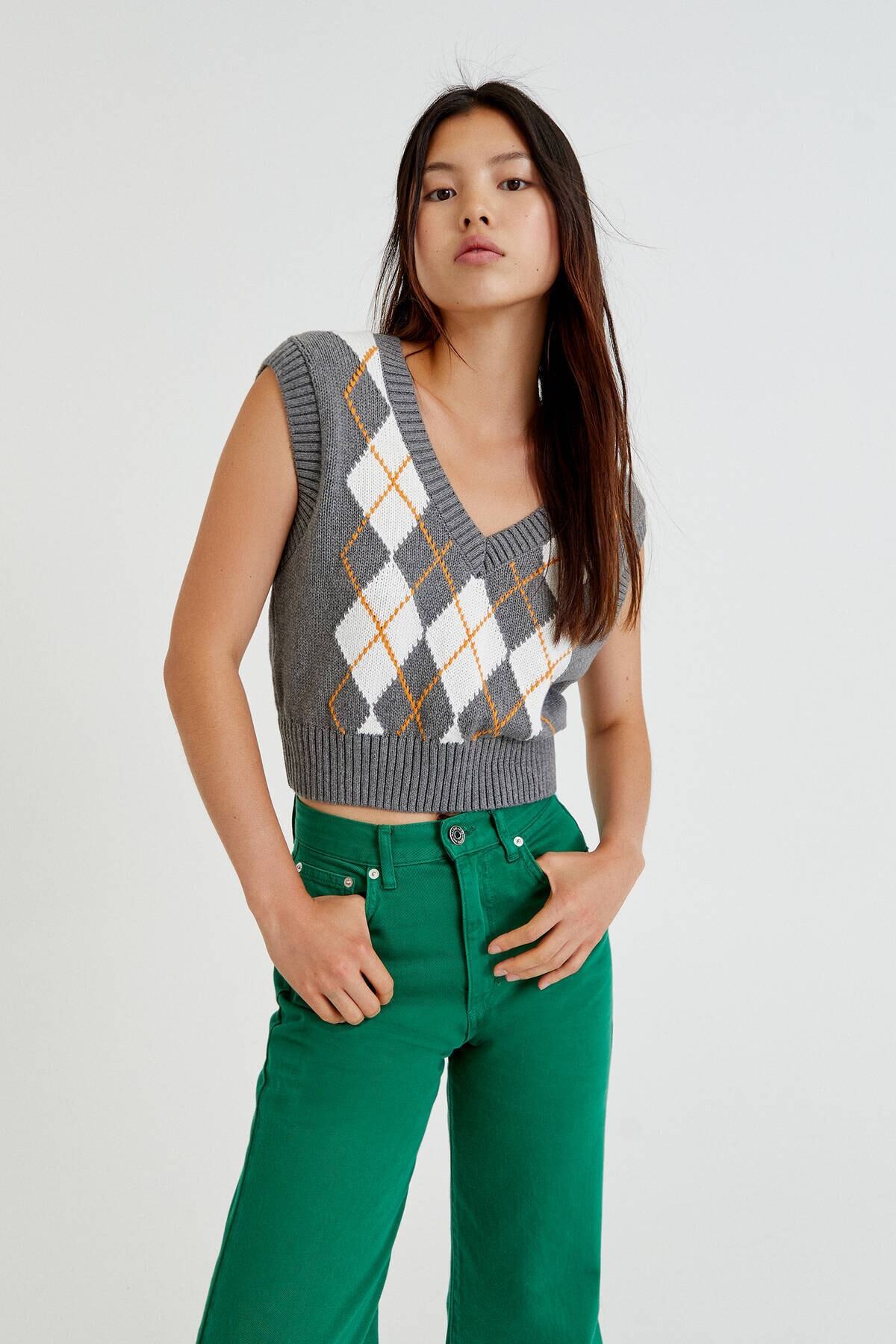 Pull & Bear Baklava Desenli Kısa Triko Süveter