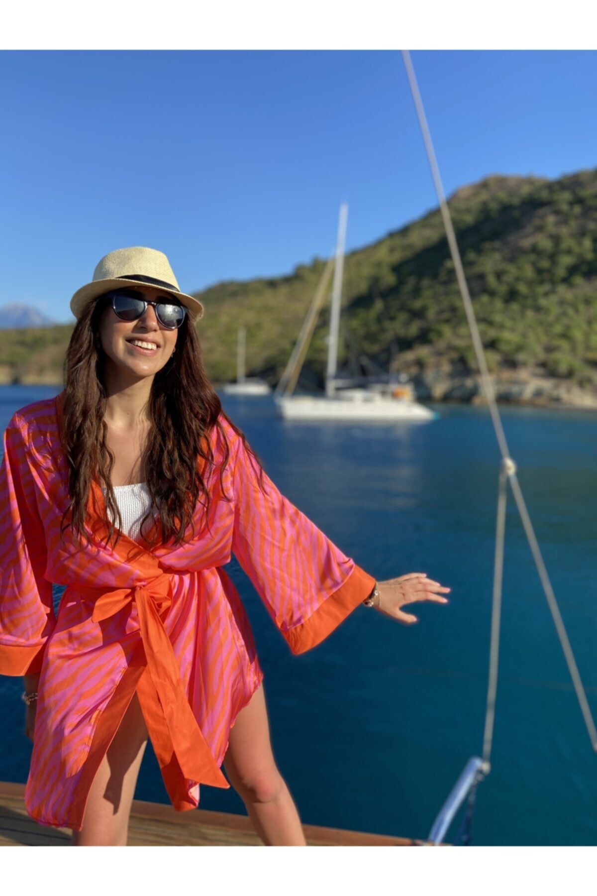 Sista Atelier Sista Beachwear - Fuşya Turuncu Şifon Saten Luce Kimono