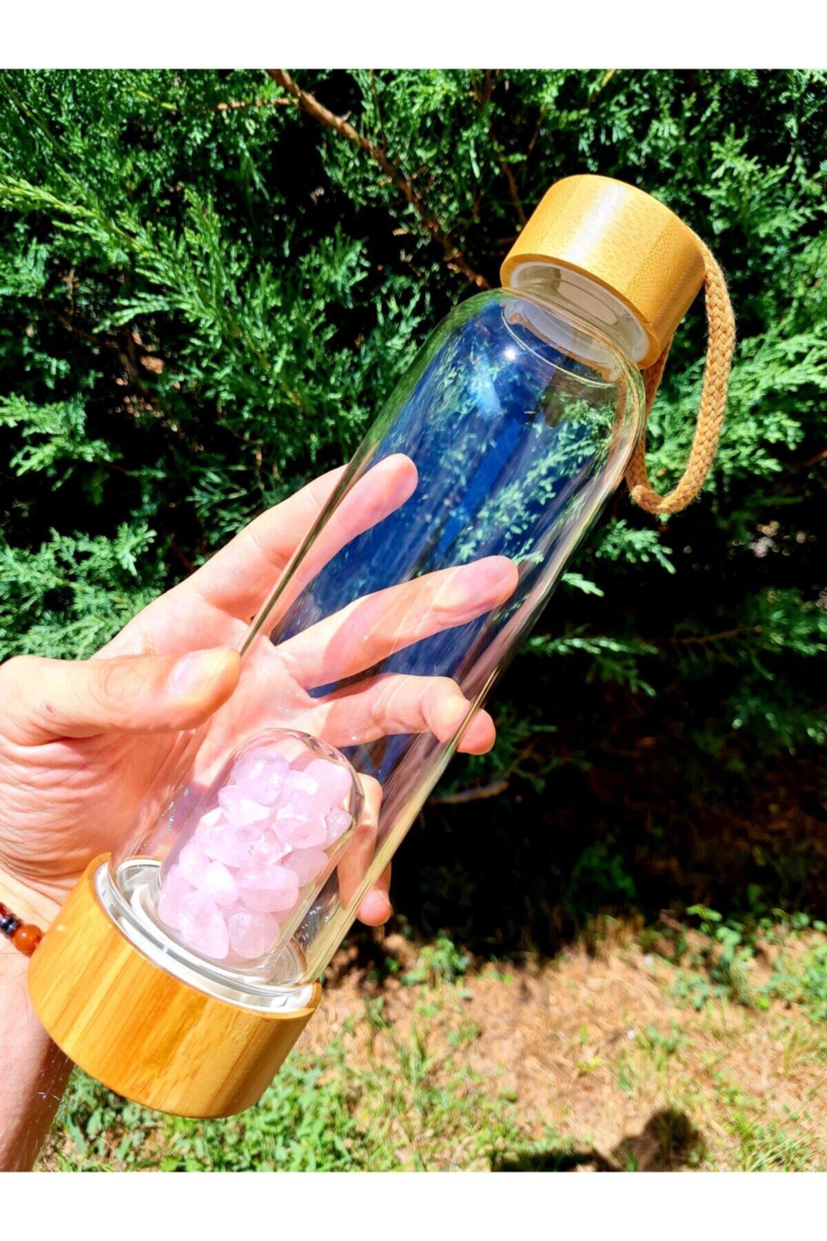 GÜMÜŞTEL EL SANATLARI Pembe Kuvars Doğal Taş Bambu Kapaklı Tüplü Su Şişesi Özel Kılıflı 550ml