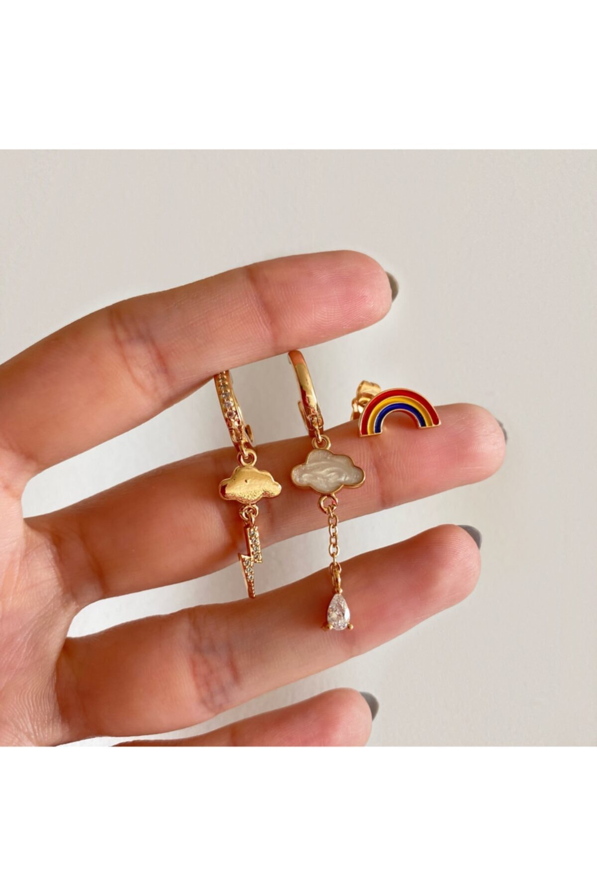 Okkostore Kadın Gold Renkli Bulut Gökkuşağı 3'lü Küpe