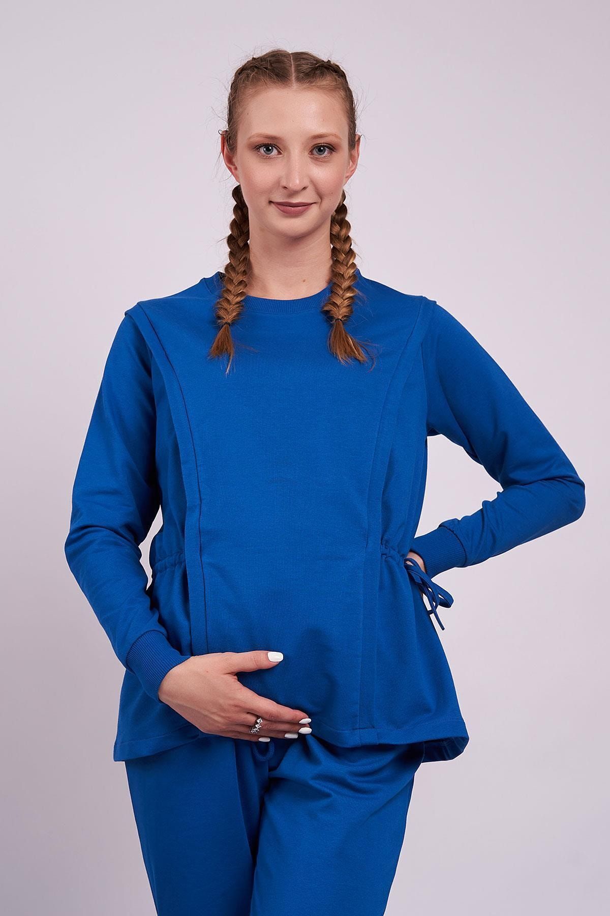 Mamma Lattes Hamile Ve Emzirme Sweatshirt, Mavi Önü Çift Fermuarlı, Yandan Büzgülü