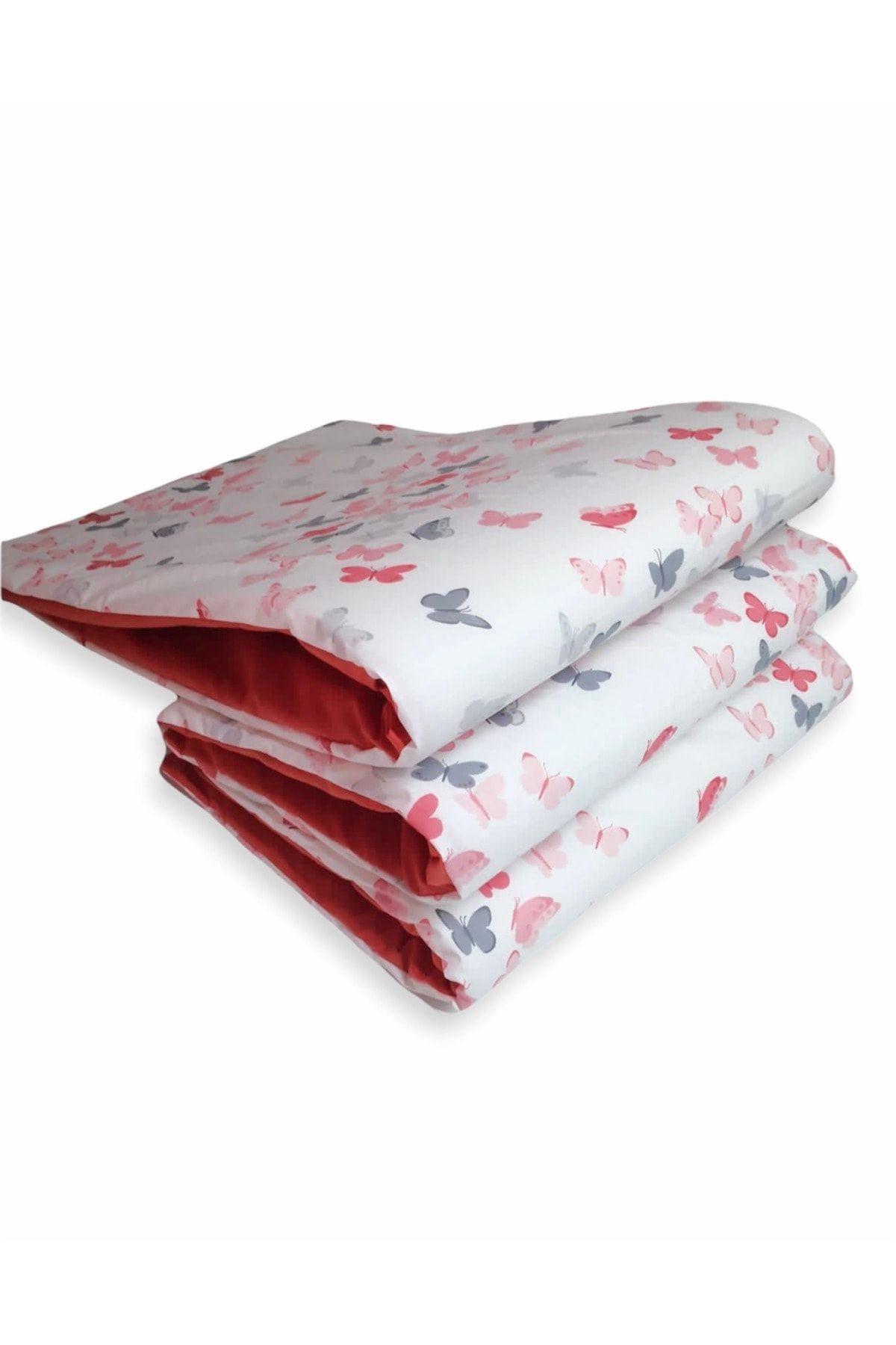 Bebek Özel Çocuk Beşik Kenar Koruma Bumper 90x190 Montessori (3 Parça) Pembe Kelebekli Kiremit