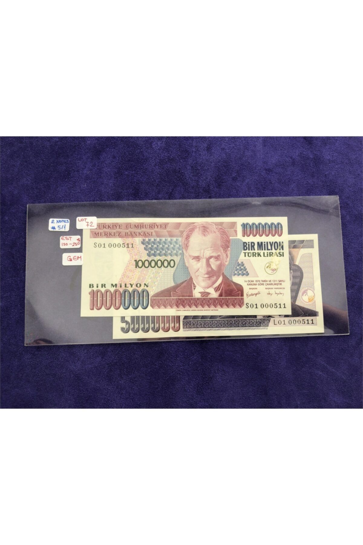 Hasyılmaz 7. Emisyon Çil Türk Lirası Ilk Bin Lotu - Lot 72 500 000 Tl X1 1000 000 Tl X1 511