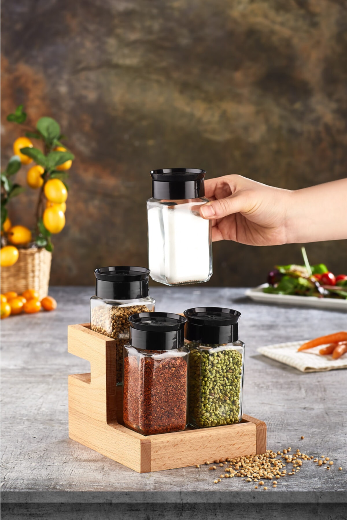 woodsy 4 Lü Baharat Seti, Ahşap Stantlı Baharatlık