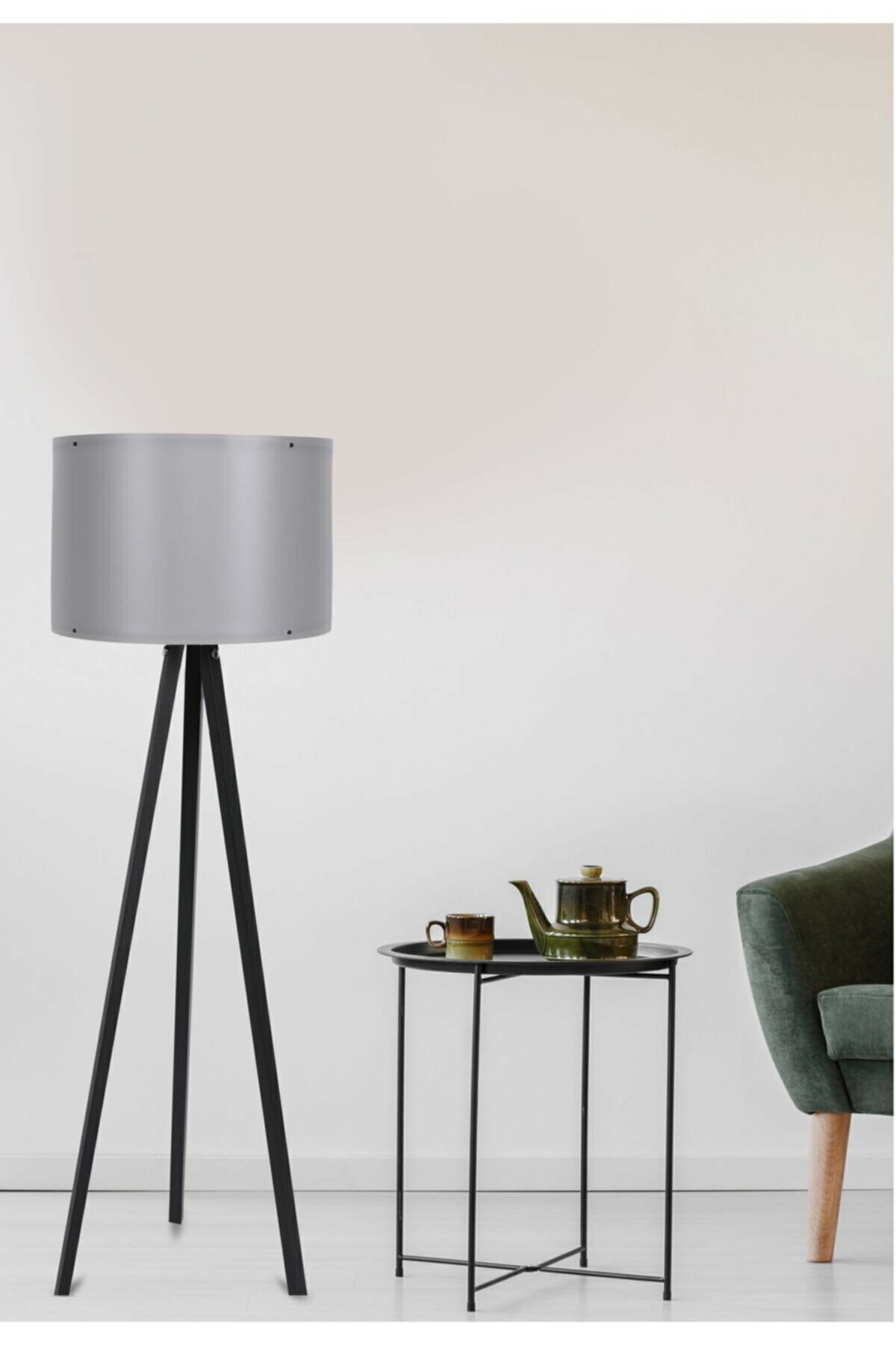 MHK Collection Tripot Mdf Ayaklı Lux Lambader Gri-siyah