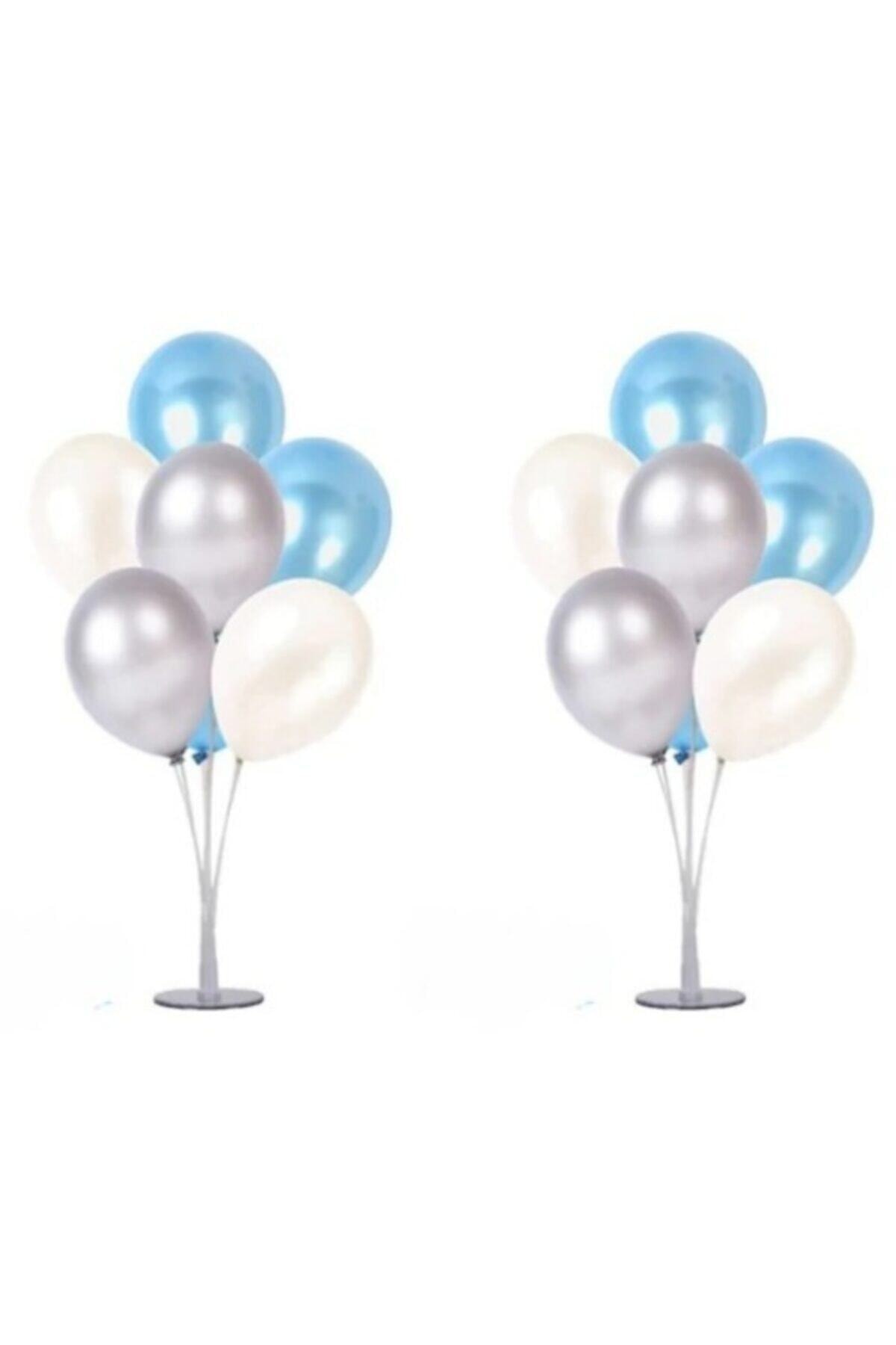 selens party 2 Adet 7'li Balon Standı Ve 14 Adet Gümüş, Mavi, Beyaz Metalik Balon Set
