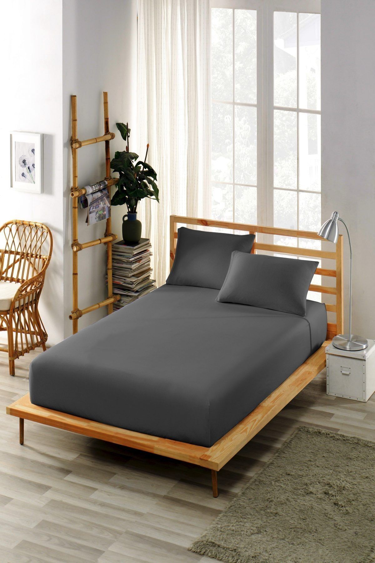 ELY PARKER (Pamuklu Penye) Çift Kişilik Lastikli Çarşaf +30 cm Yüksek Kenar Koyu Gri-Antrasit